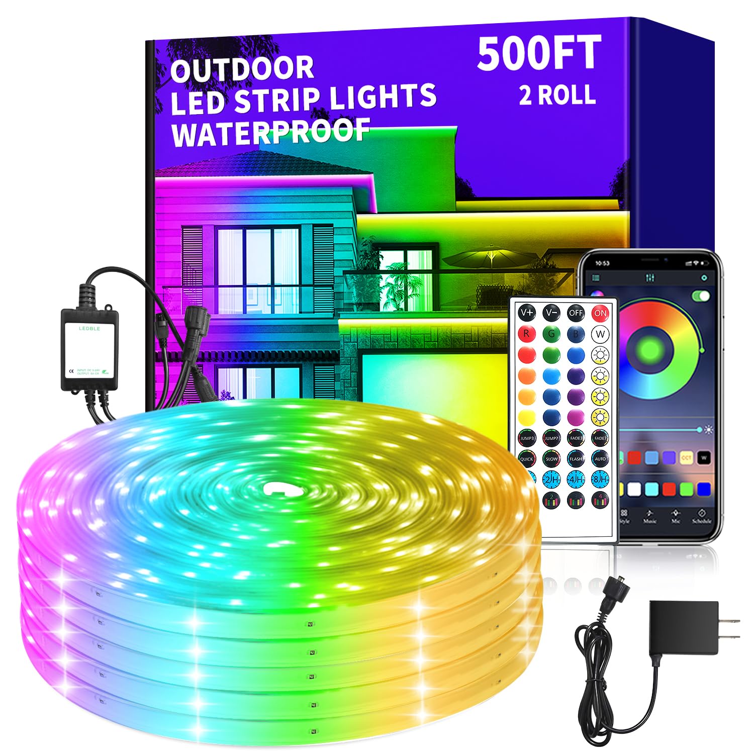 vimeepro LED Strip Lights 500ft Waterproof RGB Music Sync with Remote & App Control, Model vimeepro-ledFS500FT06