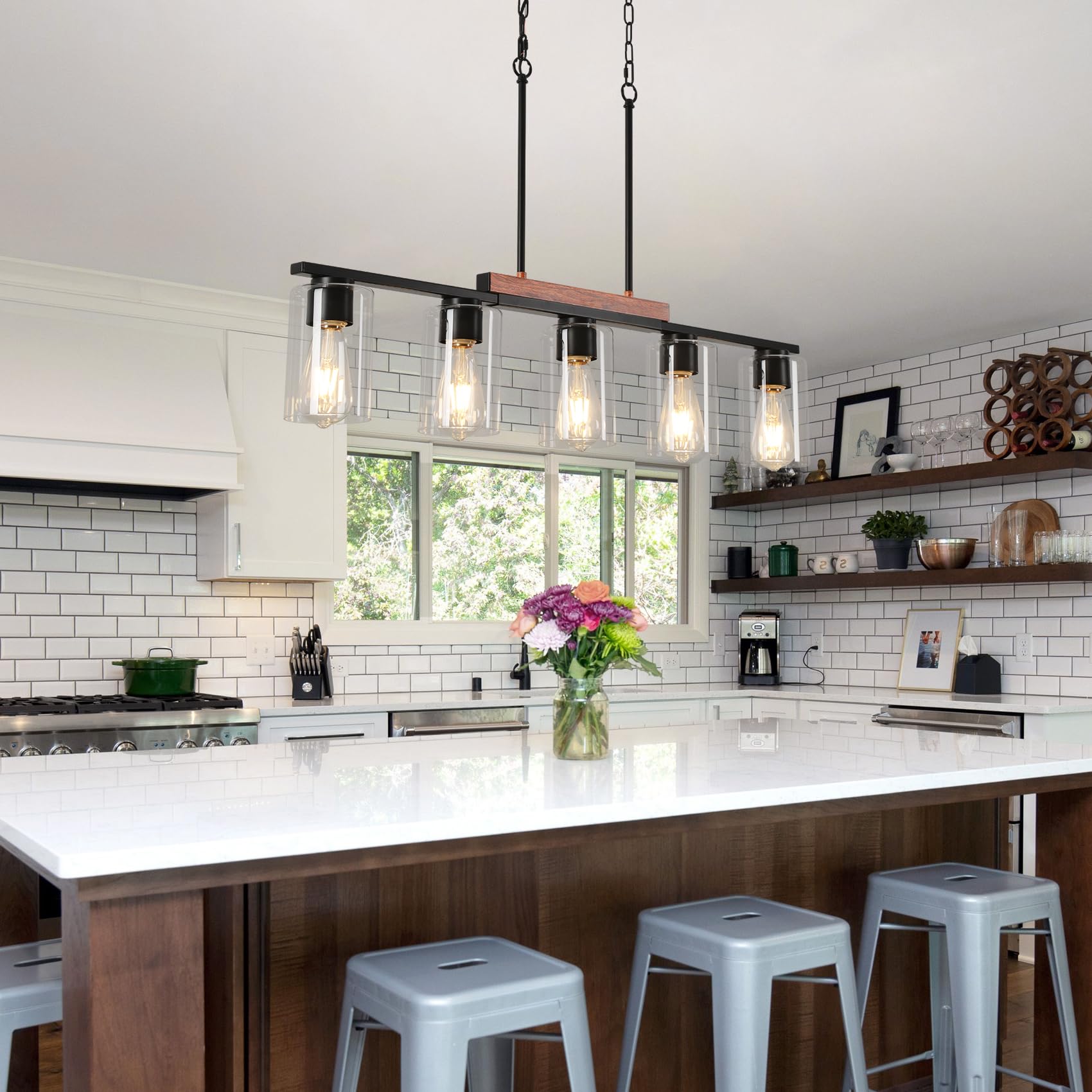 Wilon Kitchen Island Lighting, 5-Light Dining Room Light Fixture Over Table, Glass Shade Pendant Lighting For Kitchen Island Far