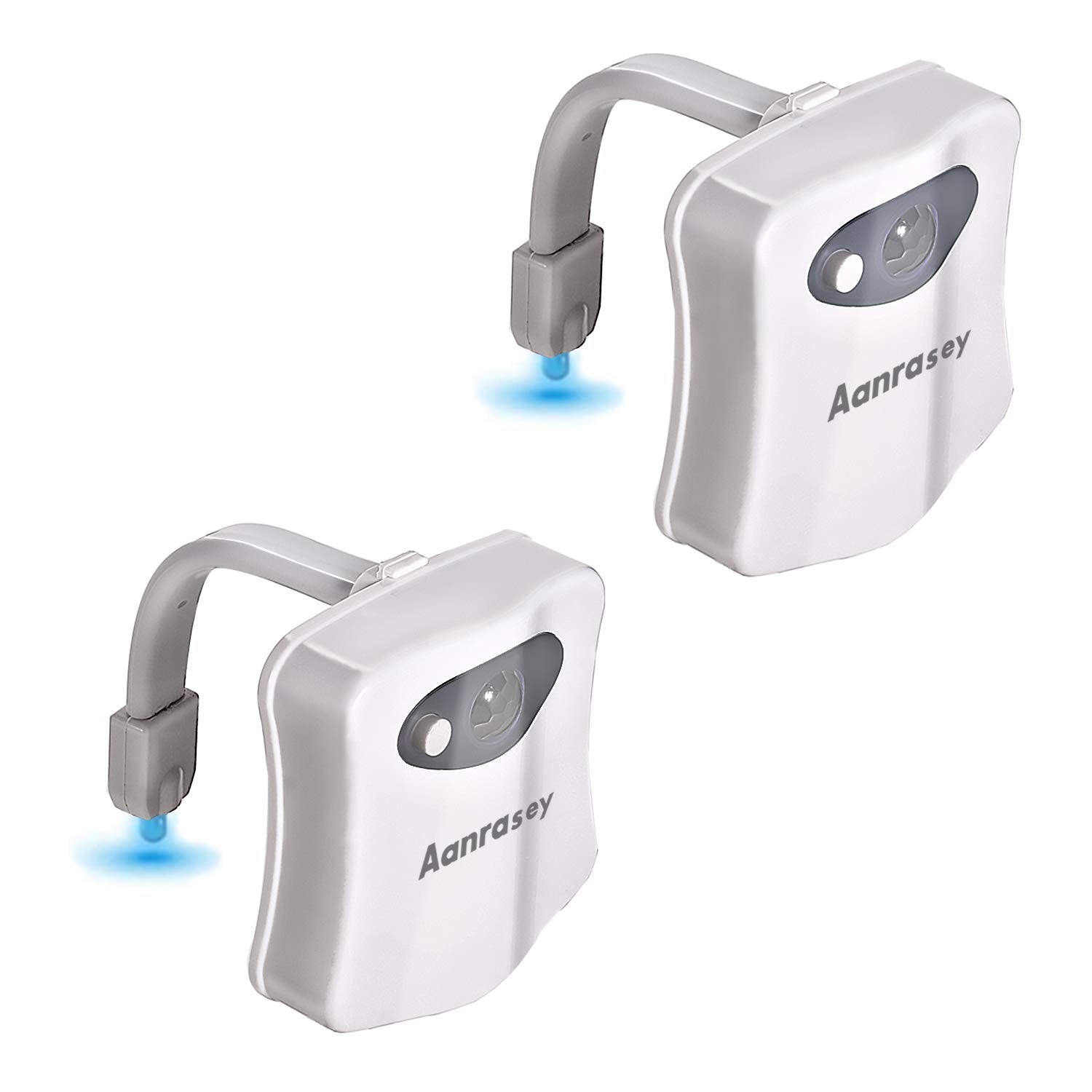 Aanrasey Toilet Night Light, Motion Sensor LED, 8-Color, 2 Pack, White, Model AA100, Plastic for Kids Bathroom Decor