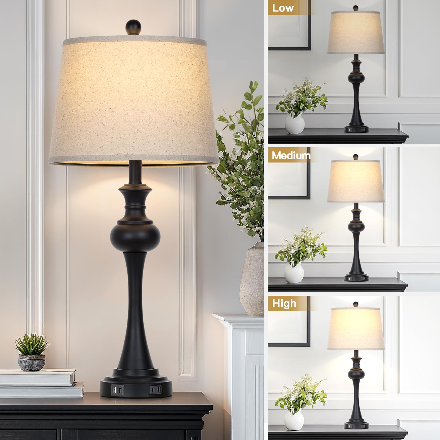 Cinyirong 3-Way Touch Control Modern Table Lamp Set of 2, 28.75", Black, USB A+C Ports, Mid Century, Beige Fabric Shade