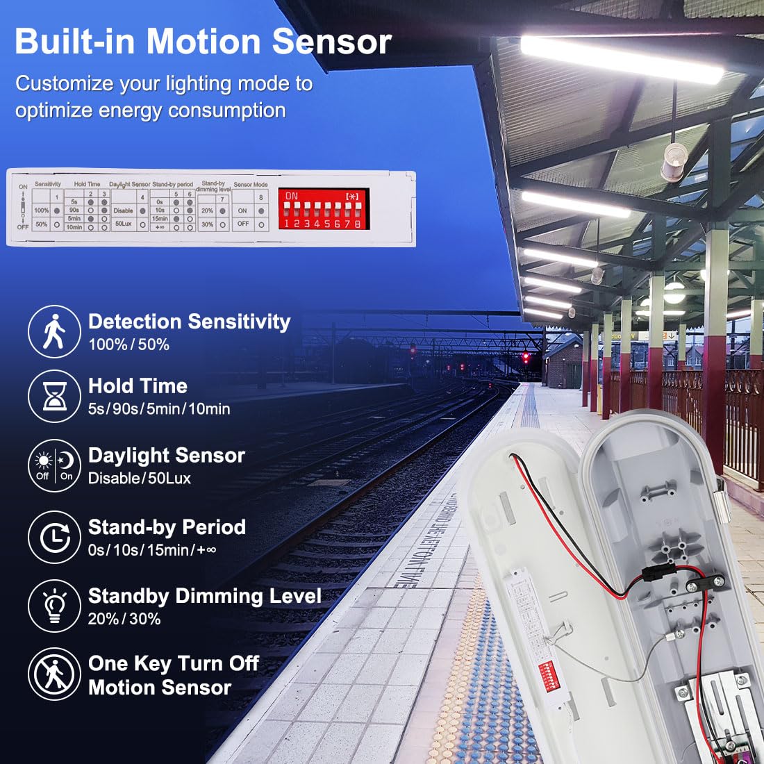 Dakason 4Ft Vapor Tight Led Light With Motion Sensor, Ip65 Vapor Proof Light Fixture 60/50/40W Adjustable, Waterproof Outdoor Sh
