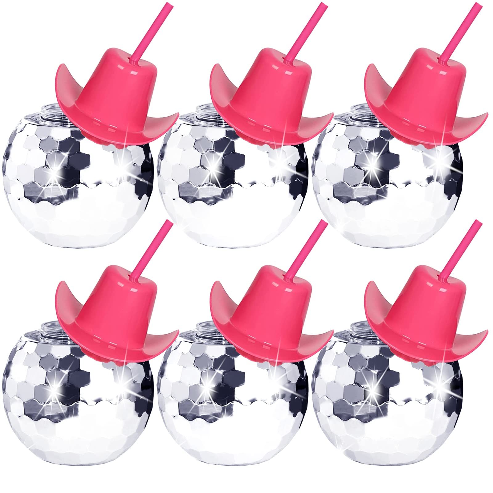 Tongnian Disco Ball Cups, 6 Pcs Silver Plastic Tumblers with Cowboy Hat Lid and Straw, RY-0069, Party Supplies