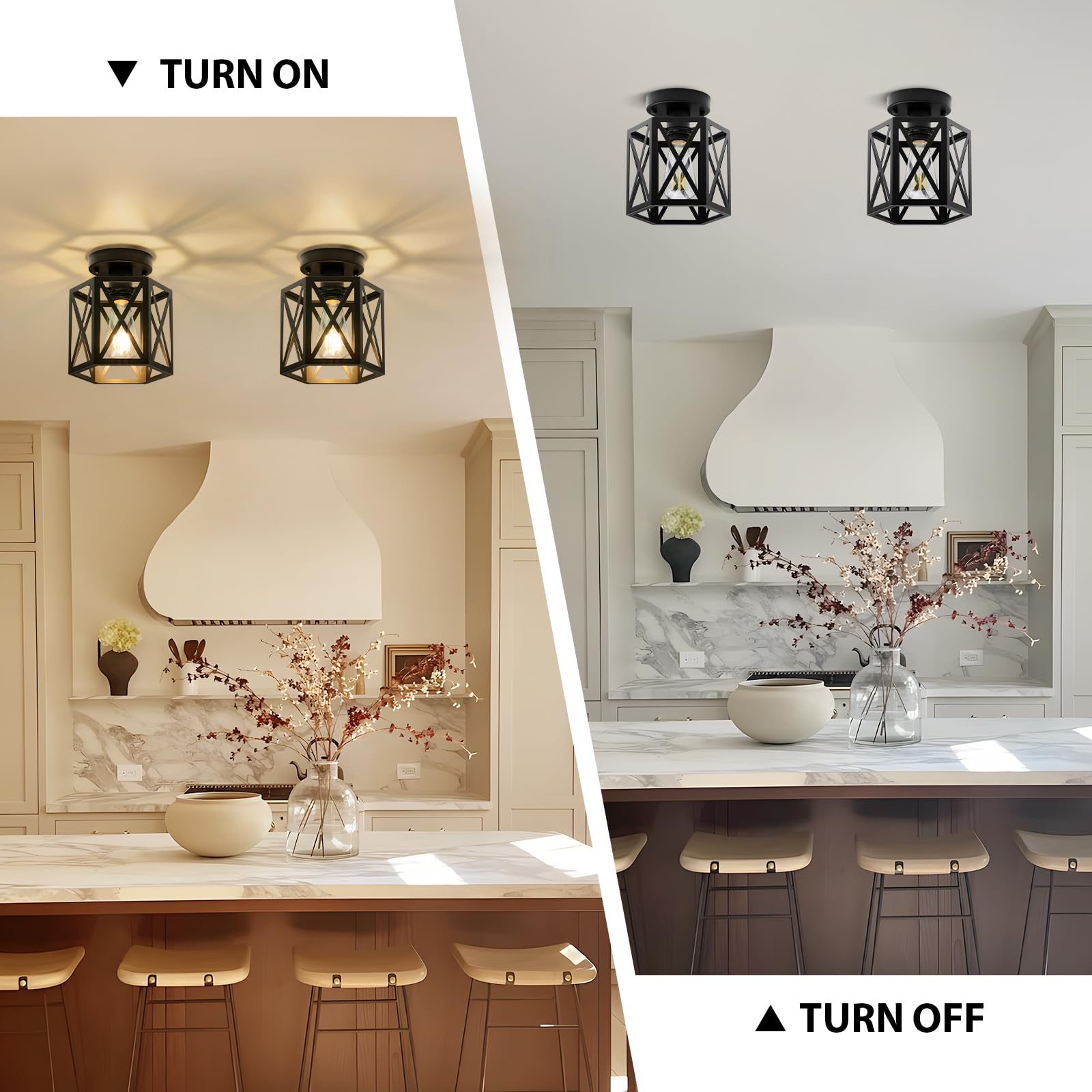 Oteedo 2 Pack Modern Semi Flush Mount Ceiling Light Hexagon Flush Mount Ceiling Lights For Dining Room Light Fixture Farmhouse Black Metal Kitchen Island Lighting Fixtures For Hallway Bathroom