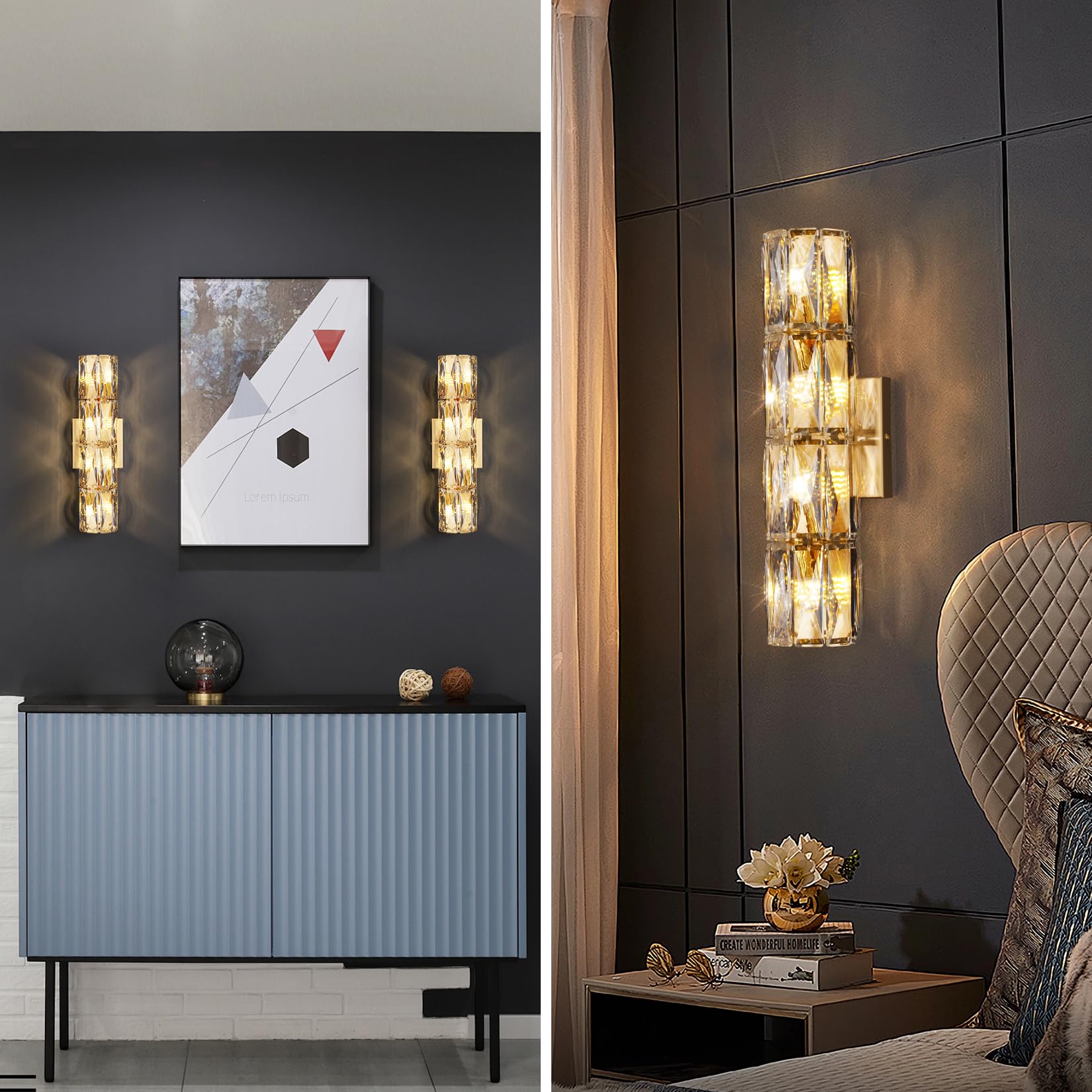 Crystal Wall Sconces Lighting, Modern Gold Wall Light Fixture, Elegant Vanity Wall Lighting Mount For Living Room Bedroom Bathroom Crystal Vanity Light Fixture For Indoor Hallway Doorway Stairway
