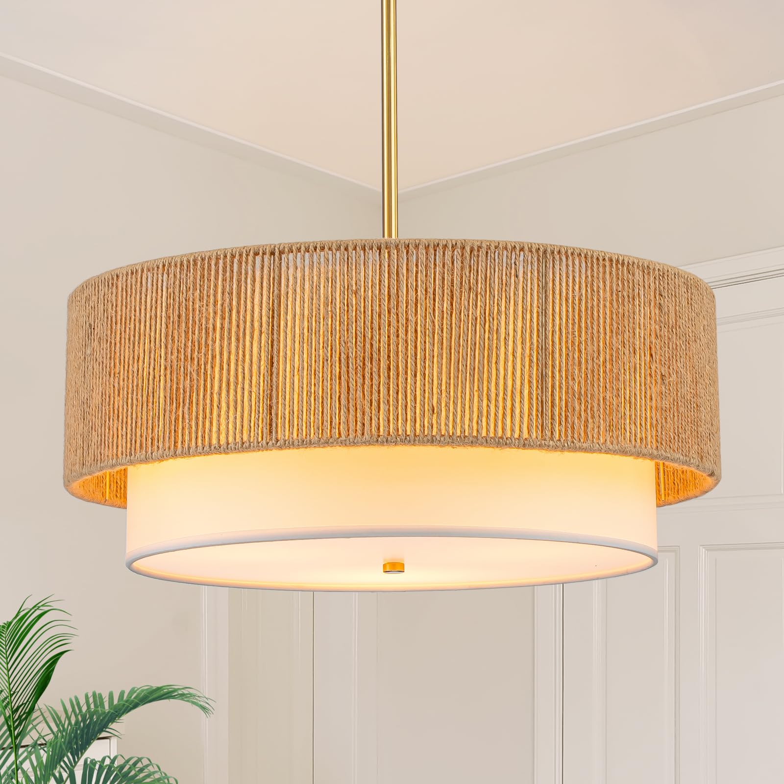 18'' Farmhouse Rattan Chandeliers for Dining Room,3-Light Boho Light Fixtures Rattan Pendant Light Fixture with Fabric Shade Dru