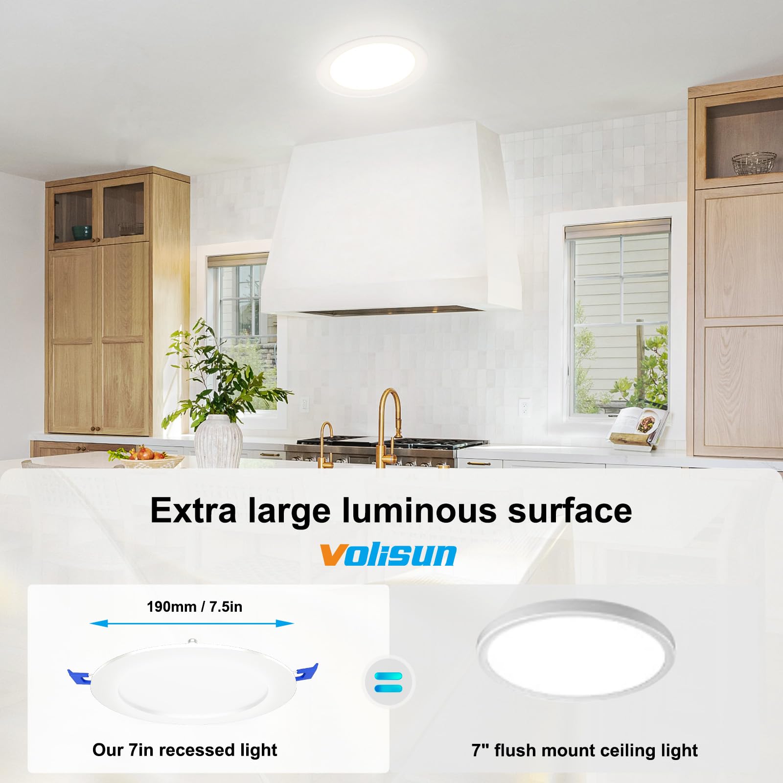 VOLISUN 7 Inch 5CCT Dimmable LED Recessed Light, Canless Wafer Downlight, ETL Certified, White, Model 21595ZM