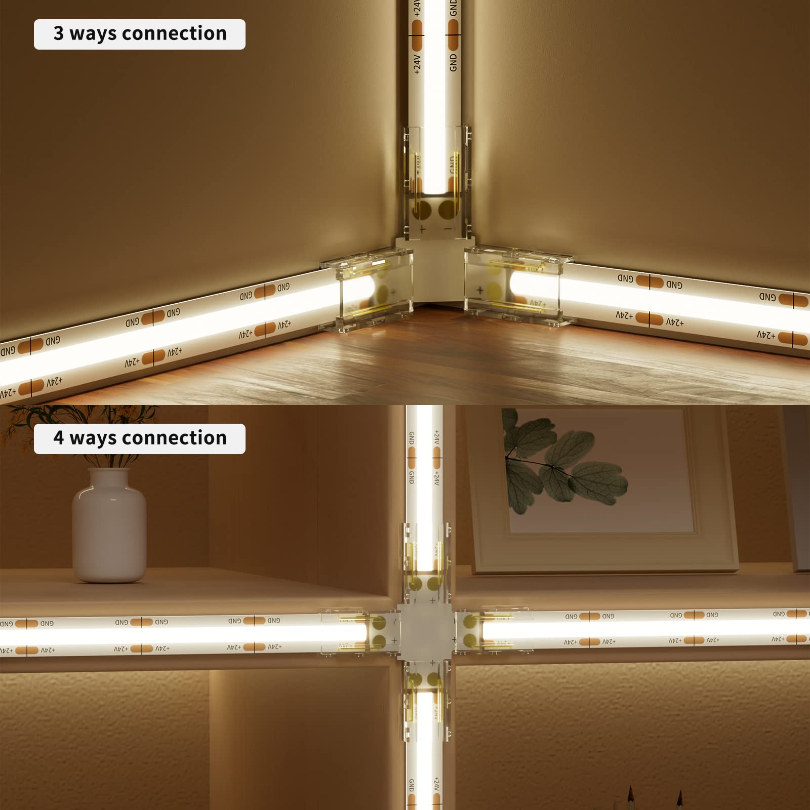 Pautix 6Pcs T & 2Pcs Cross Connectors,Extension Splitters,For 8Mm 2-Pin Cob Led Strip Light 12V/24V(Not Applicable For Other Siz