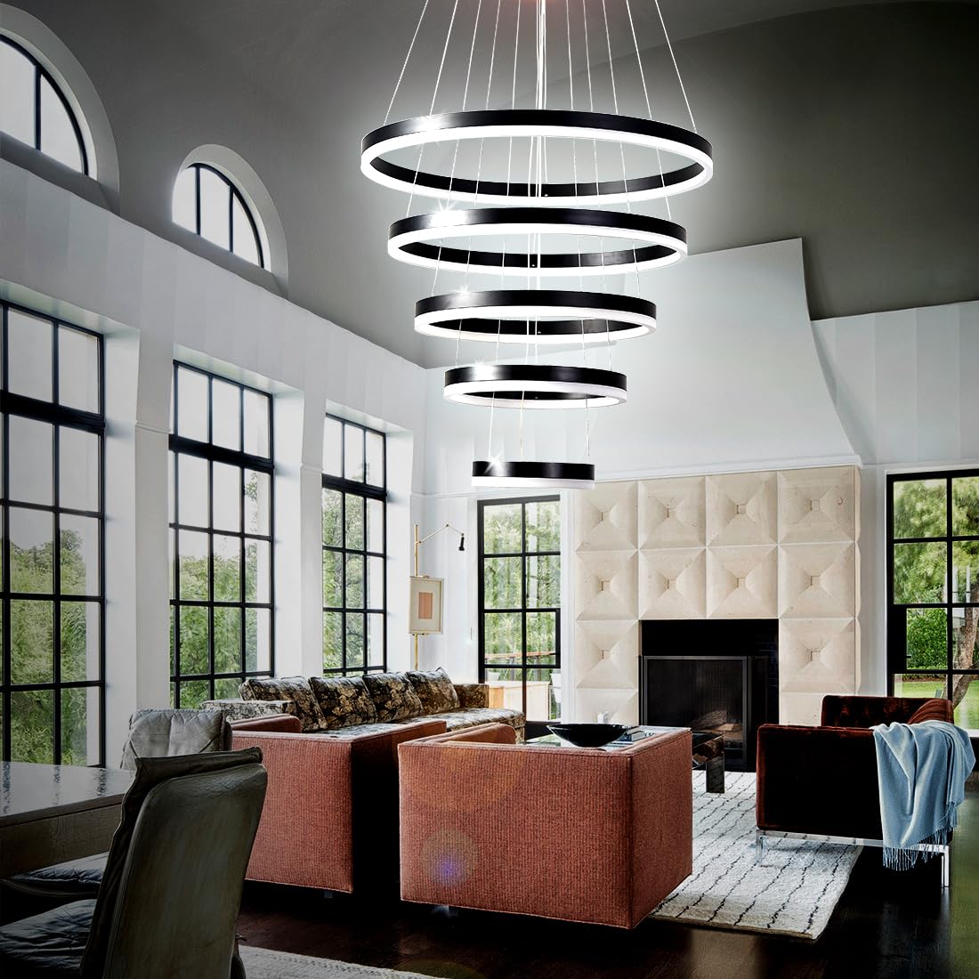 Led Chandelier,Modern Led Chandelier, 5 Rings Black Chandelier For Dining Room,Dimmable With Remote,Acrylic Adjustable Circle Chandelier Lighting Fixture Ceiling Hanging Modern Led Pendant Light