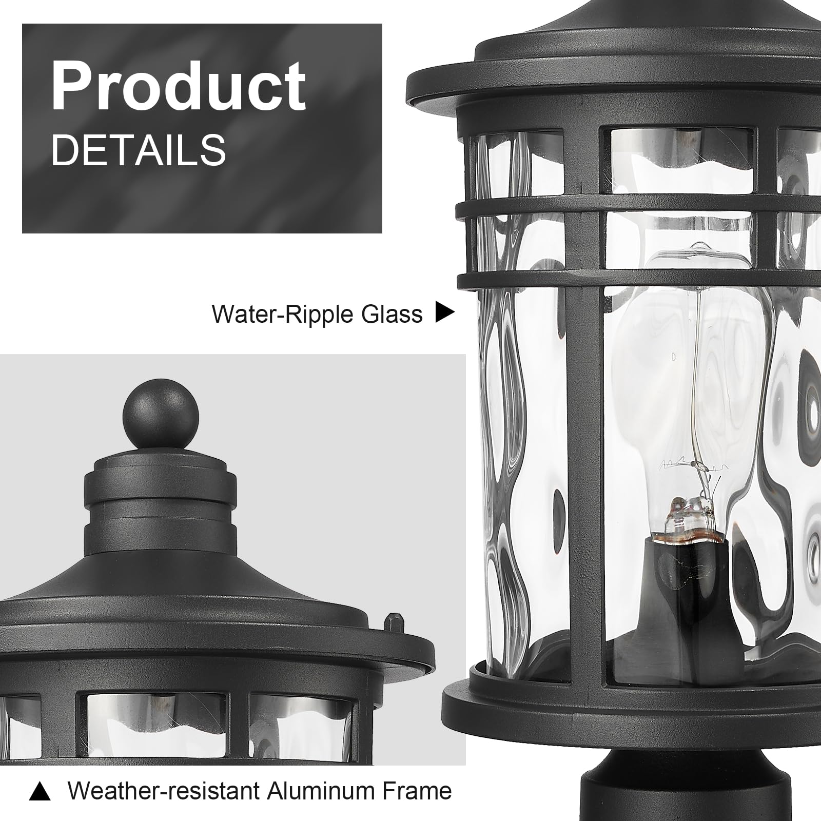 Darkaway Large Outdoor Post Light, 17" Aluminum Fixture, Black with Water Ripple Glass, Model 6X20P-M BK+WG, Ideal for Patio and Garden
