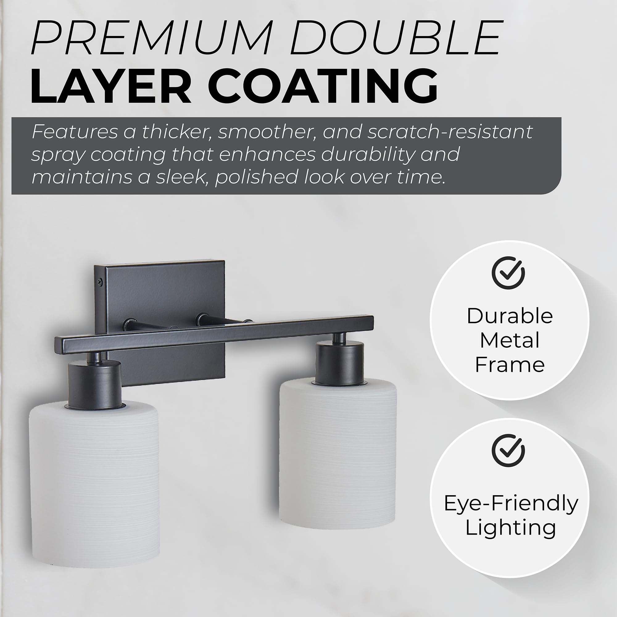 The Door Bull Modern Bathroom Vanity Light, 2 Lights, Matte Black, Milky White Glass Shades, Stainless Steel, Model VNT-1000