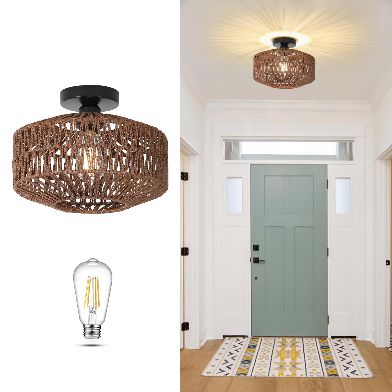 Jobtical Boho Rattan Light Fixtures Ceiling Mount,Ceiling Light Fixtures With Dimmable Led Bulb,Hand Woven Rattan Chandelier Lig