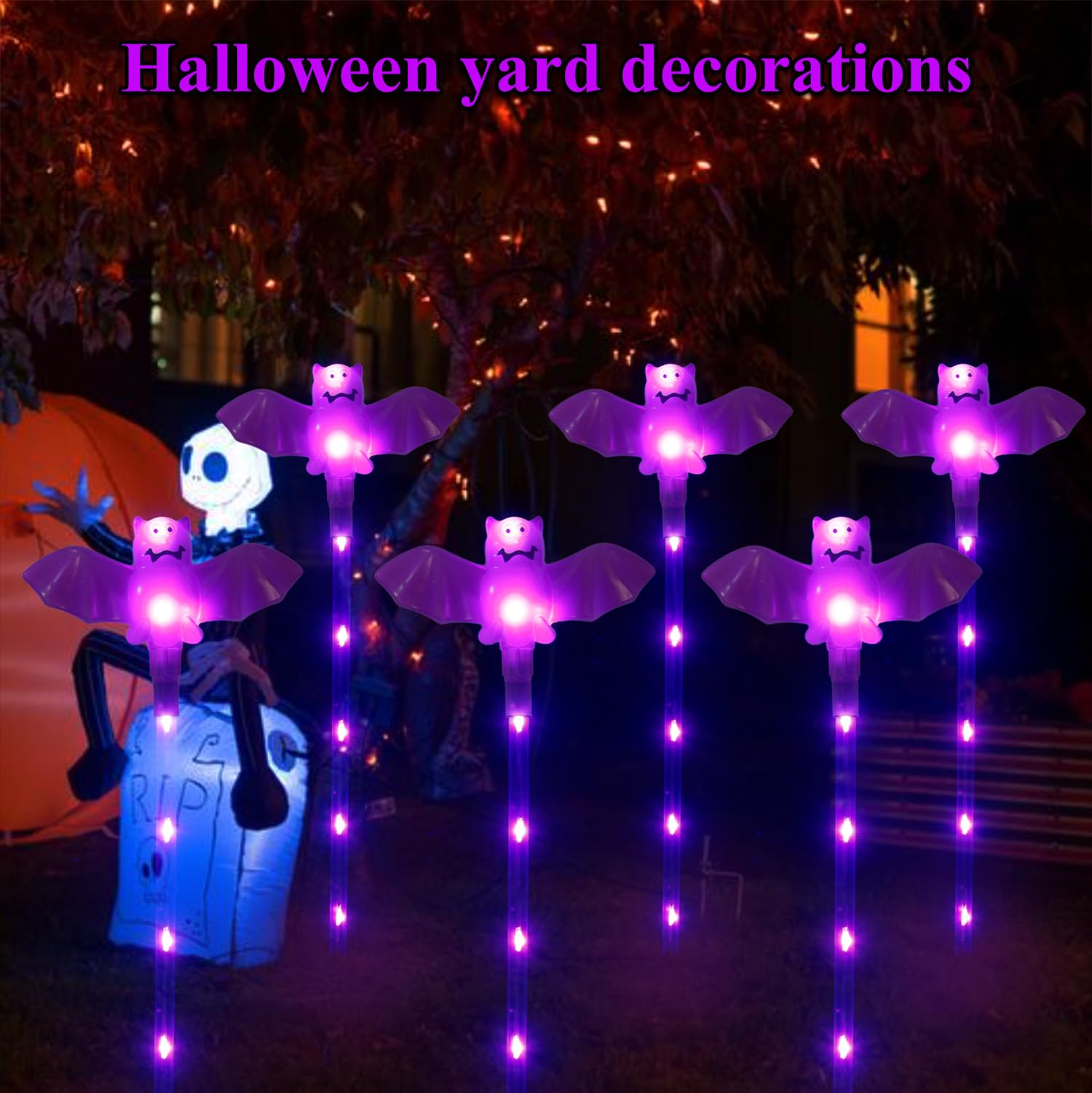 Xingpold Halloween Decorations Outdoor Solar Bat Garden Lights 6 Pack 56Led Solar Halloween Bats Lights  Waterproof Solar Pathway Lights For Outside Patio Yard Lawn Grave Party Gifts Decor Purple