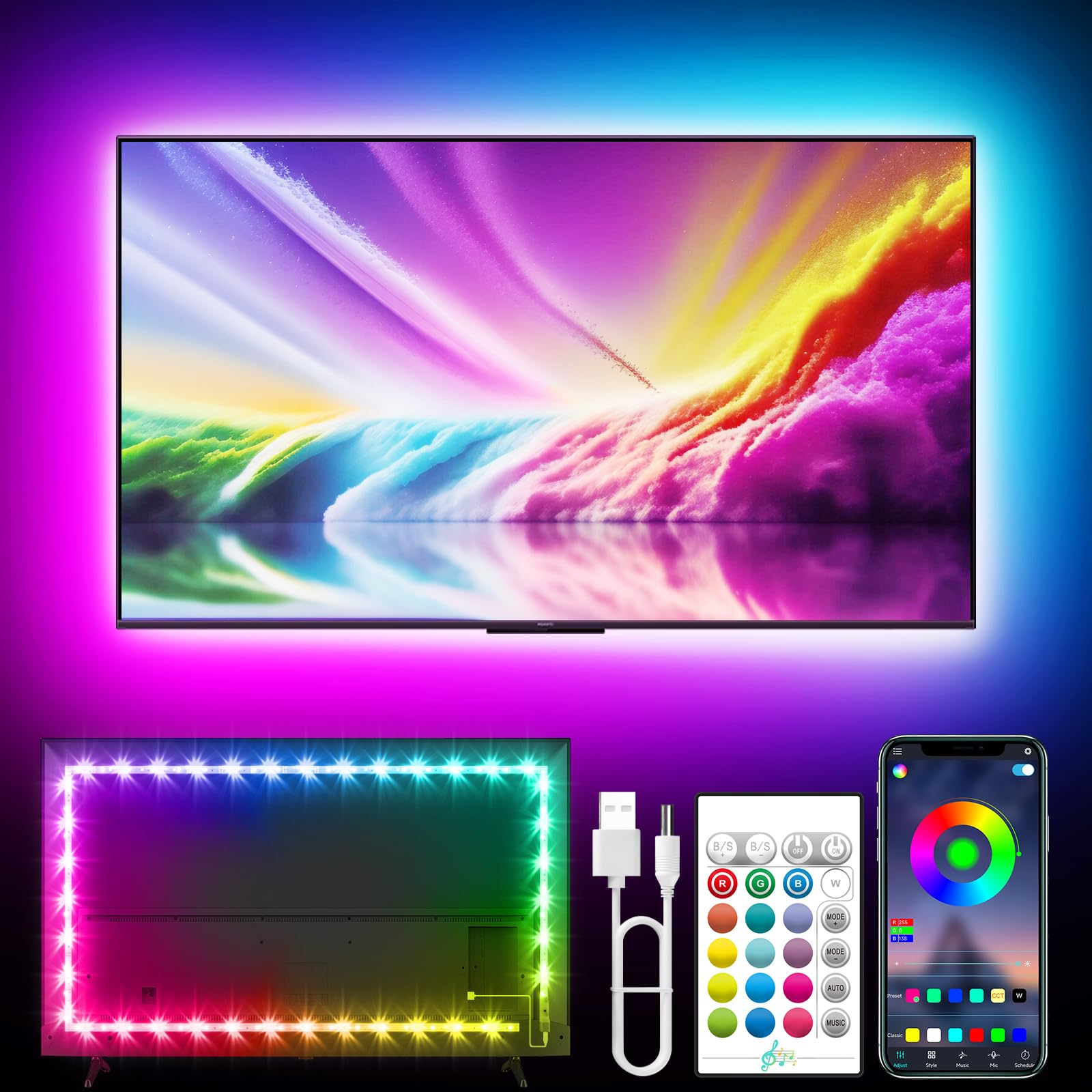 LED Lights for TV, 13.1ft TV LED Backlight for 40-65 Inch, RGB Color Changing Strip Lights Behind TV, Music Sync Bluetooth APP a