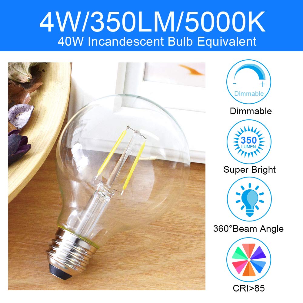 Energetic 12-Pack Led Globe G25 Dimmable Edison Light Bulb, 40 Watt Equivalent, 5000K,350Lm, E26 Medium Screw Base, Christmas Li