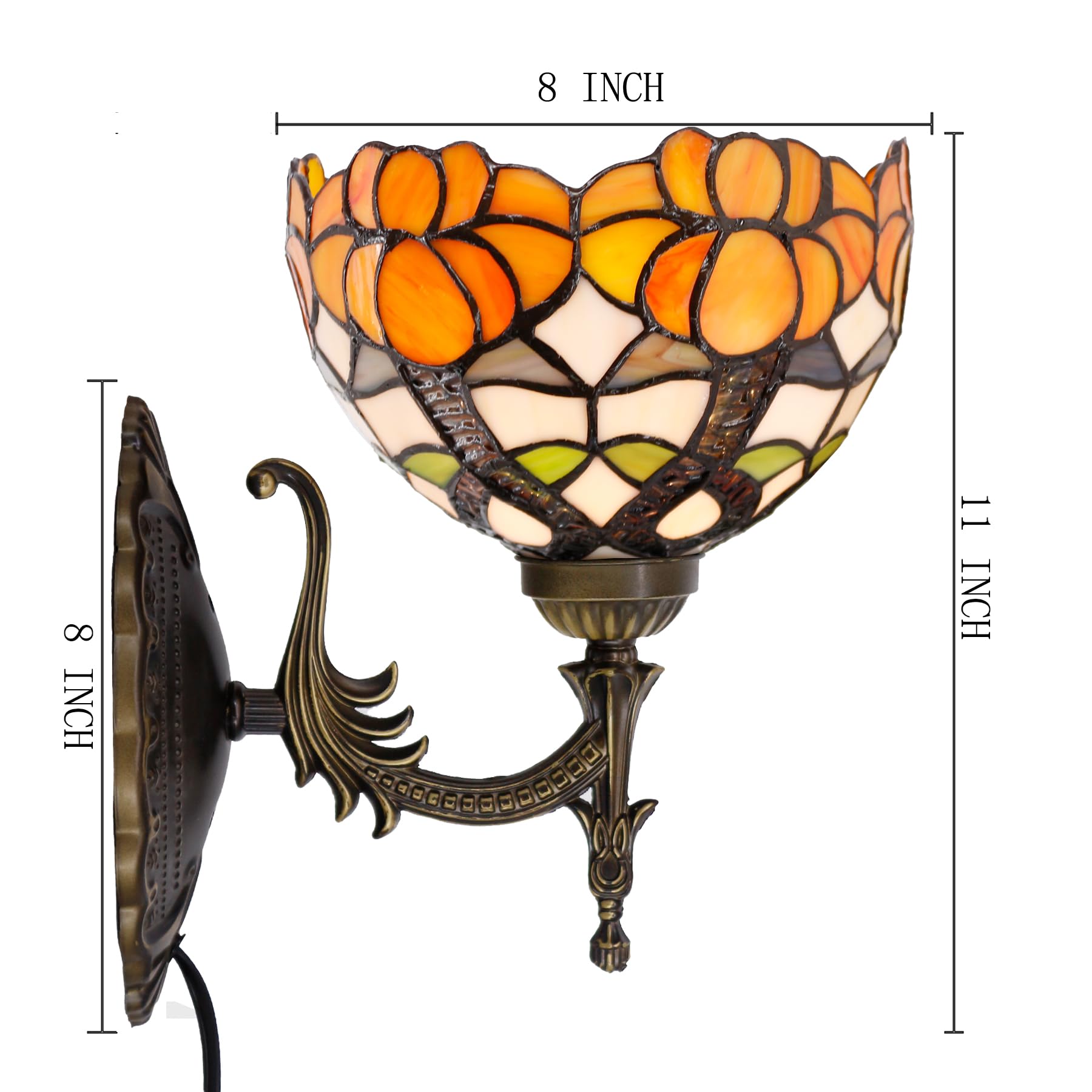 Tiffany Wall Sconce Lamp Plug In Or Hardwire Wall Light With 8 Inch Yellow Stained Glass Flower Lampshade 8X10.5X11 Inch, Base F