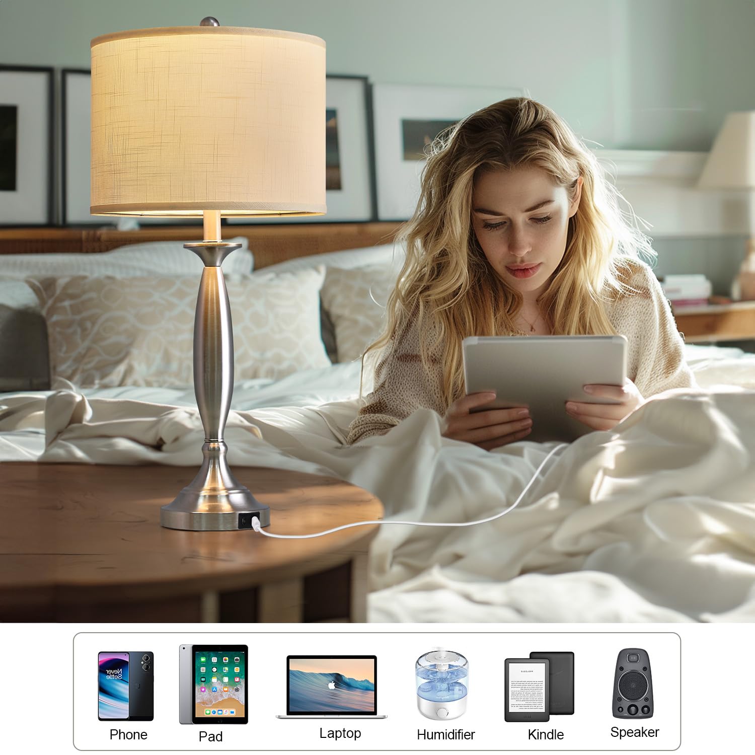 Oneach Table Lamps Set of 2, 27in Modern Fabric Drum Shade, USB Charging Port, Brushed Steel, Model AMZ-T523