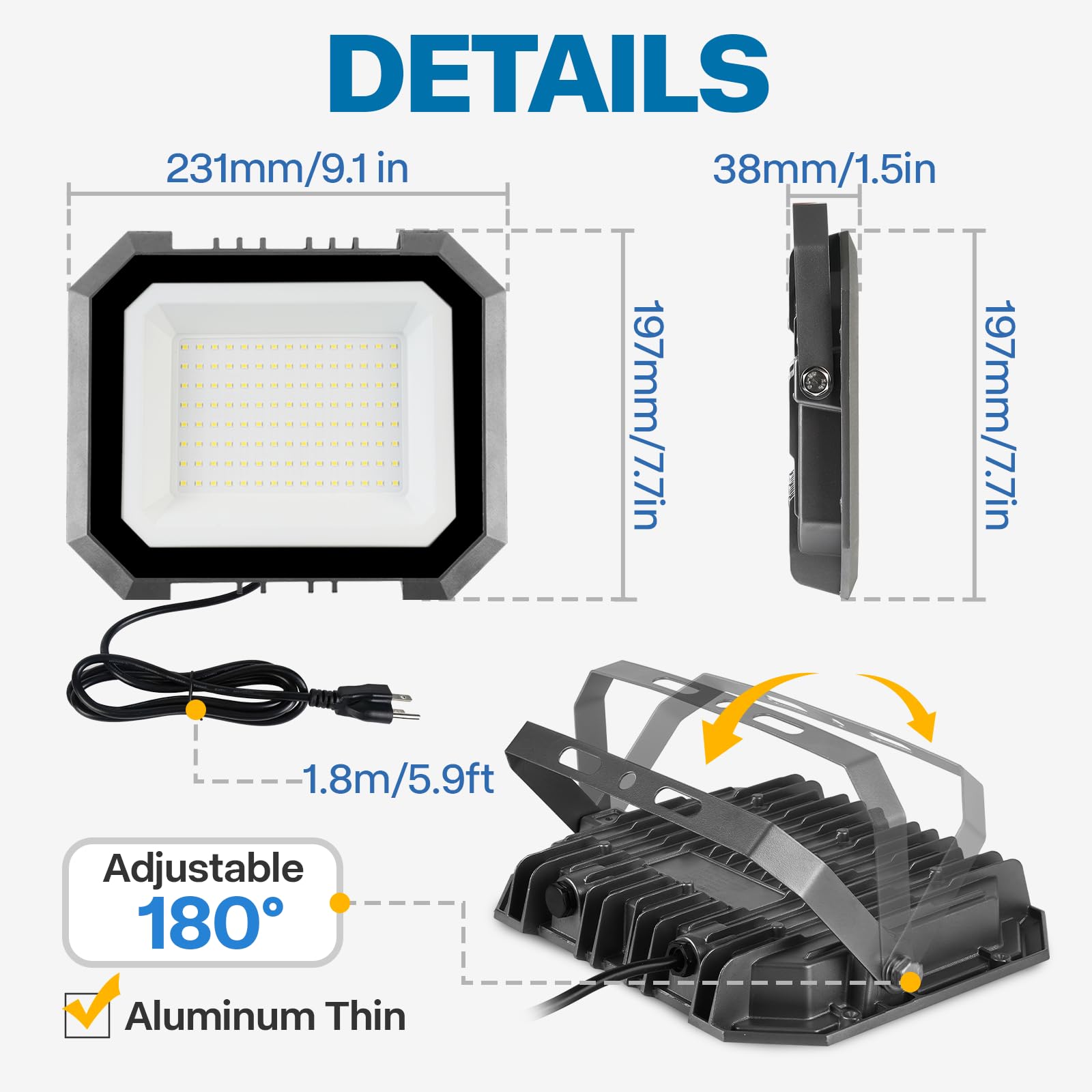 Leddictive 2 Pack Led Flood Lights Outdoor, 100W 10000Lm Super Bright Floodlight Outside Work Light With 5.9Ft Plug, Ip65 Waterp