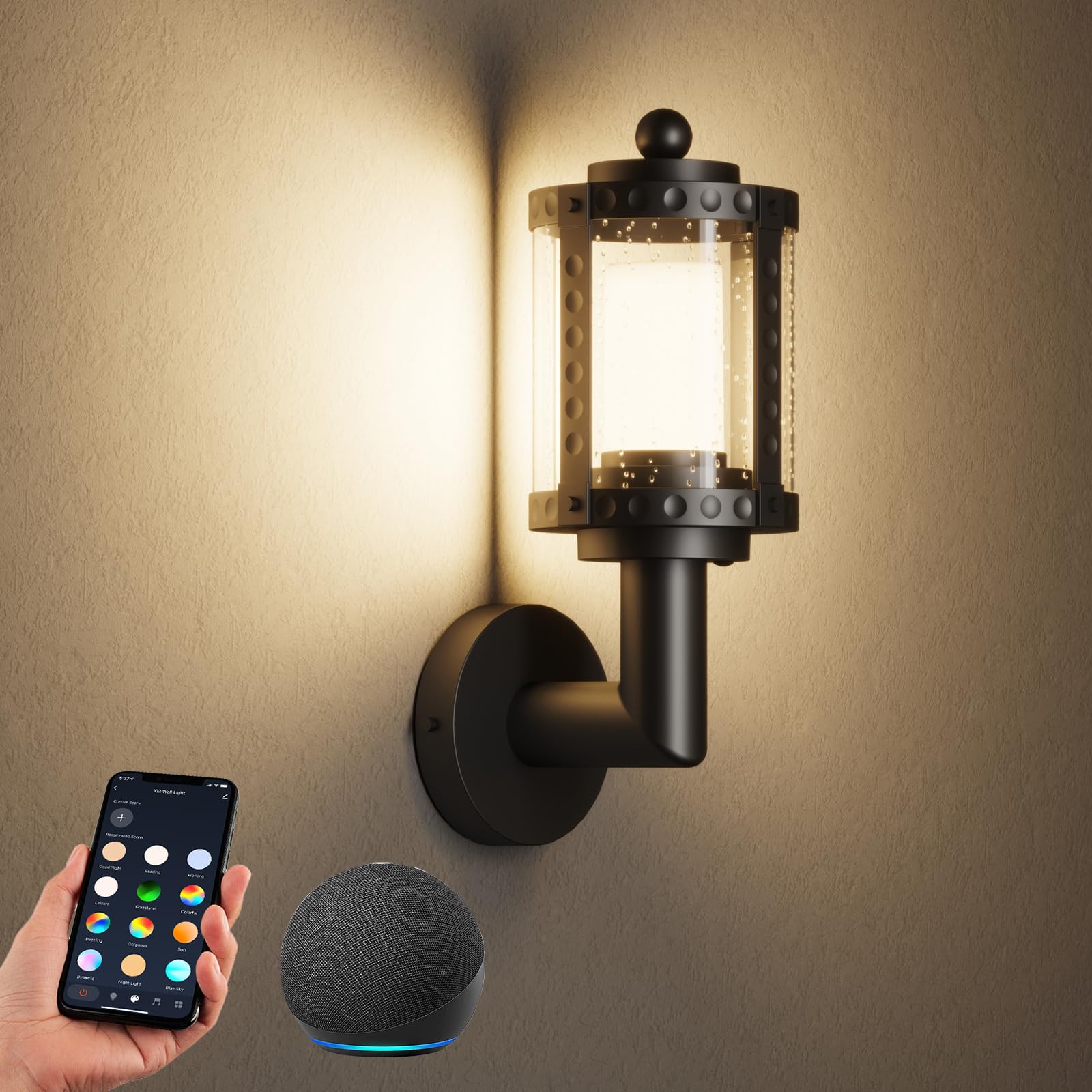 XMCOSY+ Outdoor Wall Light, Smart Porch Light, RGBCW LED Wall Sconce, WiFi APP Control, Works with Alexa, IP65 Waterproof Outdoo