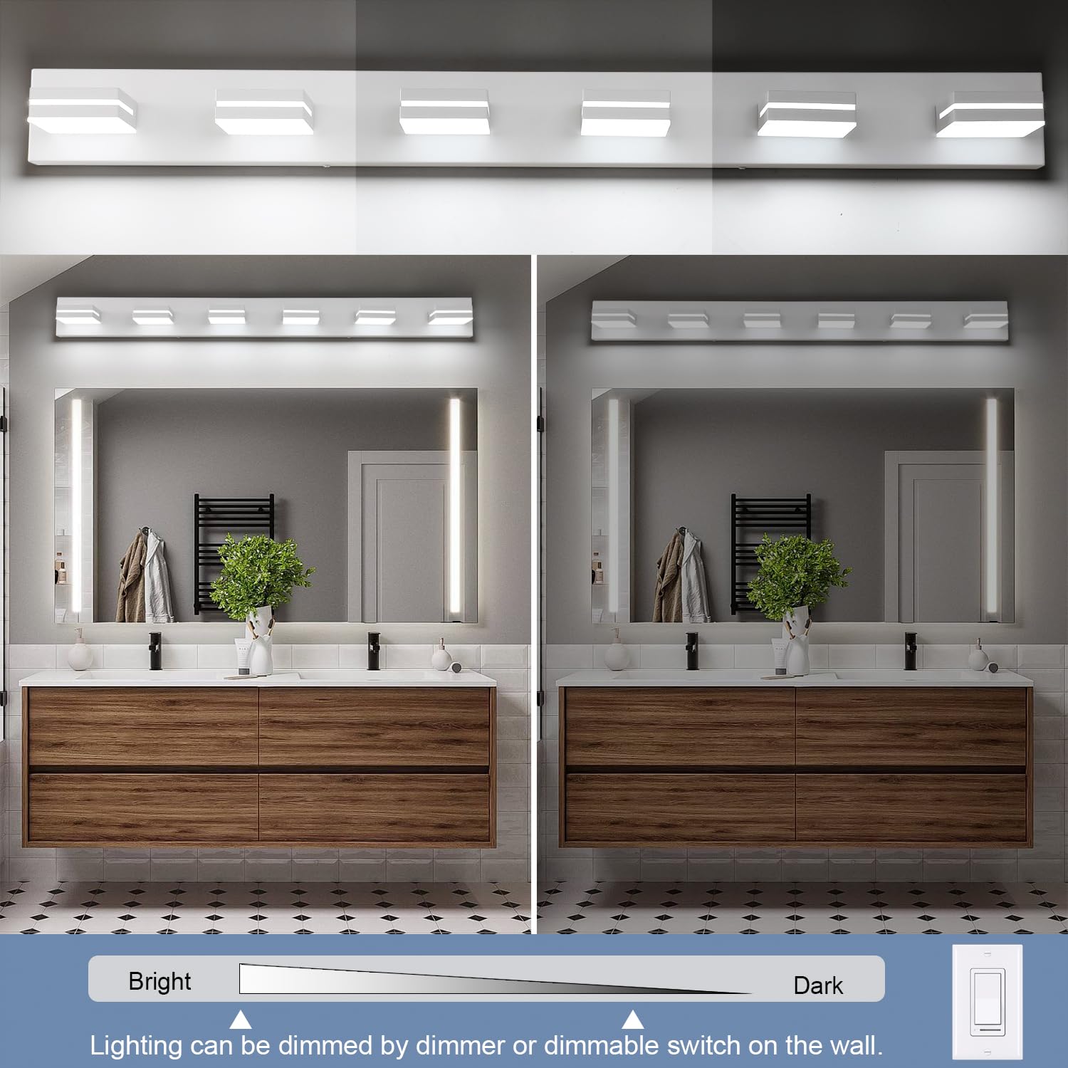 Sinerise Led Modern Bathroom Vanity Light Fixtures (6-Light, 48-Inch, Dimmable), Matte White Modern Acrylic Bathroom Wall Lighti