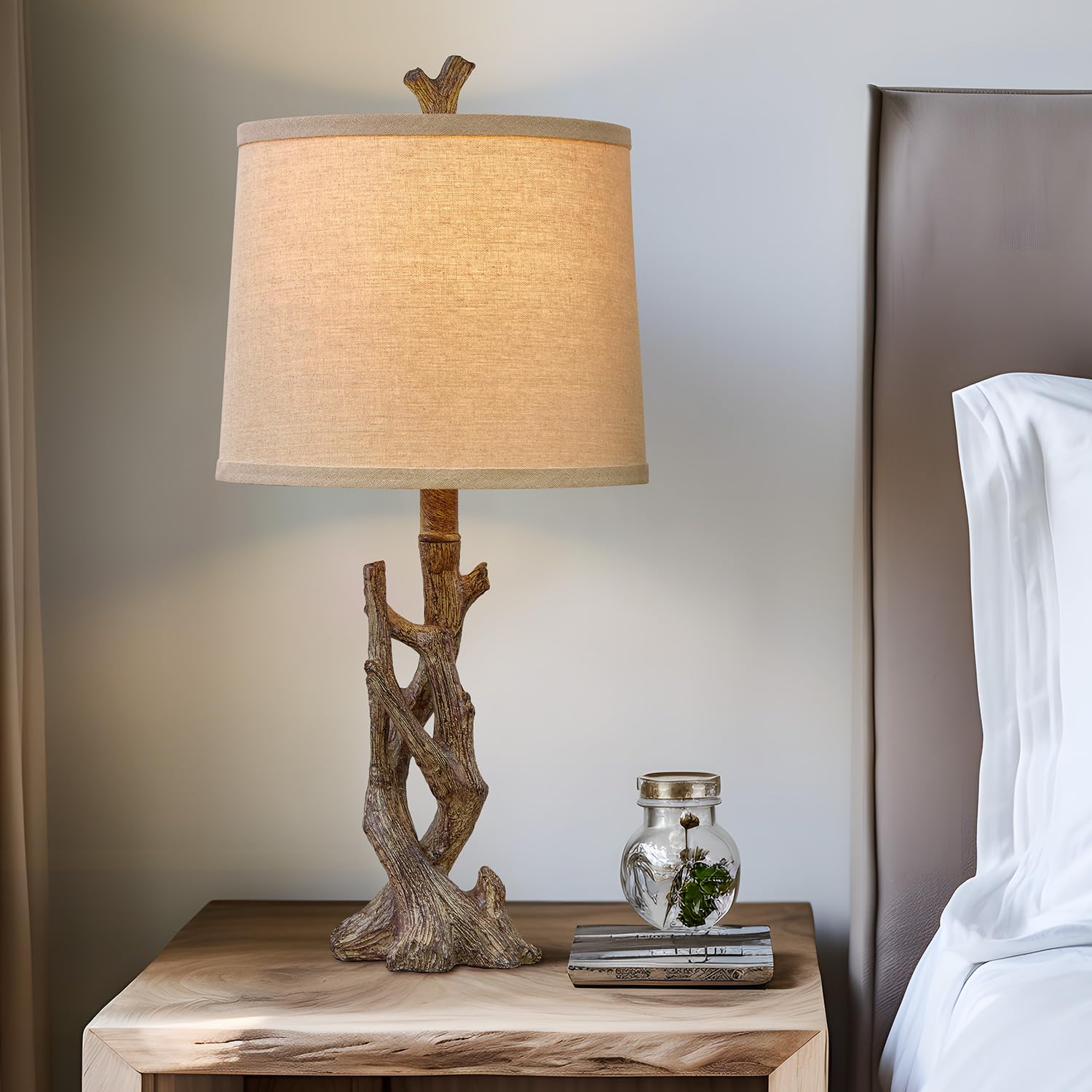 OYEARS Rustic Farmhouse Table Lamp, 23" Tree Trunk Design with Oatmeal Shade, Brown-3, Model AMZ-T1151GR for Bedroom & Living Room