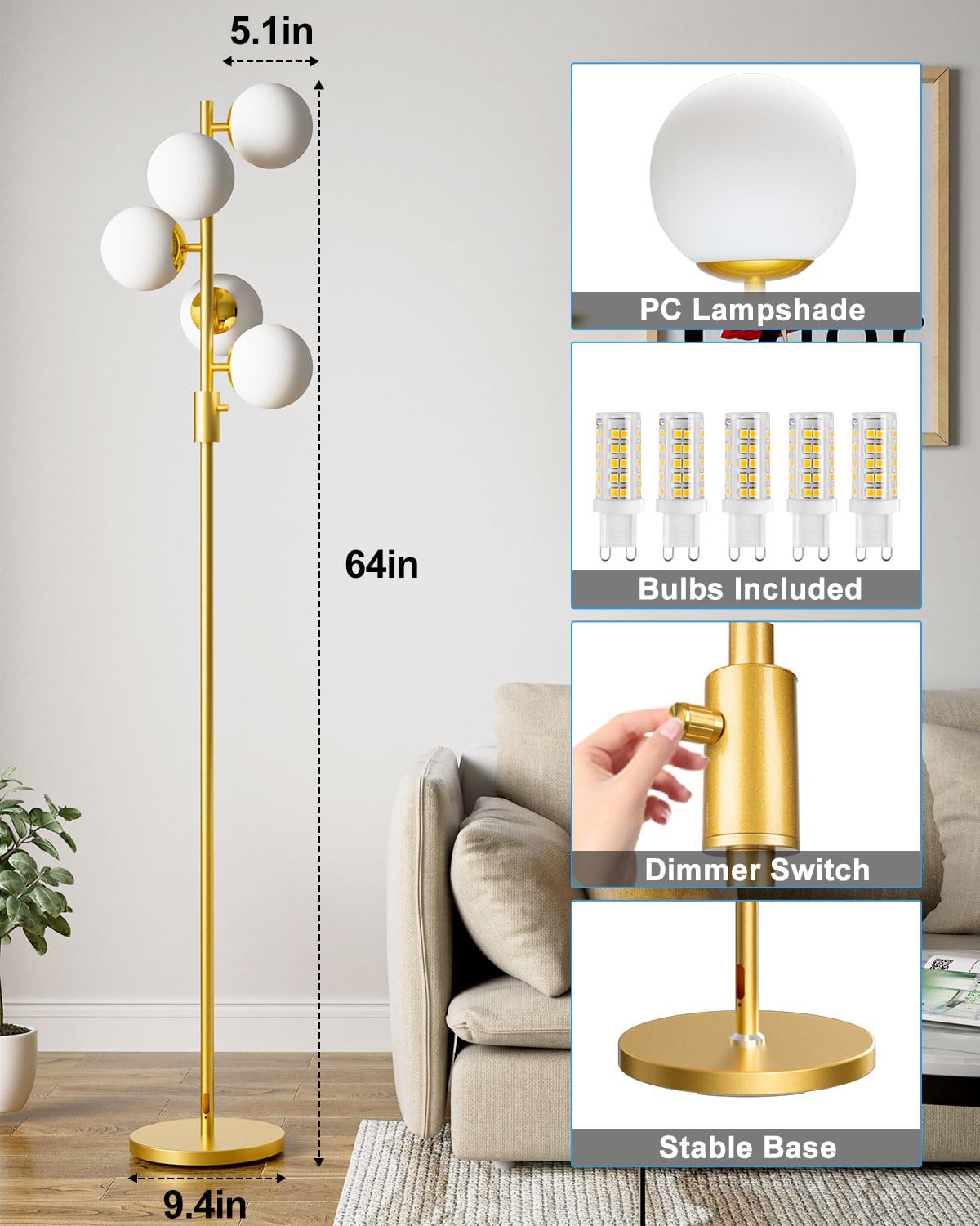 Acohook Dimmable Gold Floor Lamp, 64In Tall Standing Lamps With 5 Globe Soft Warm White Eye Care 3000K G9 Bulbs, Mid Century Mod