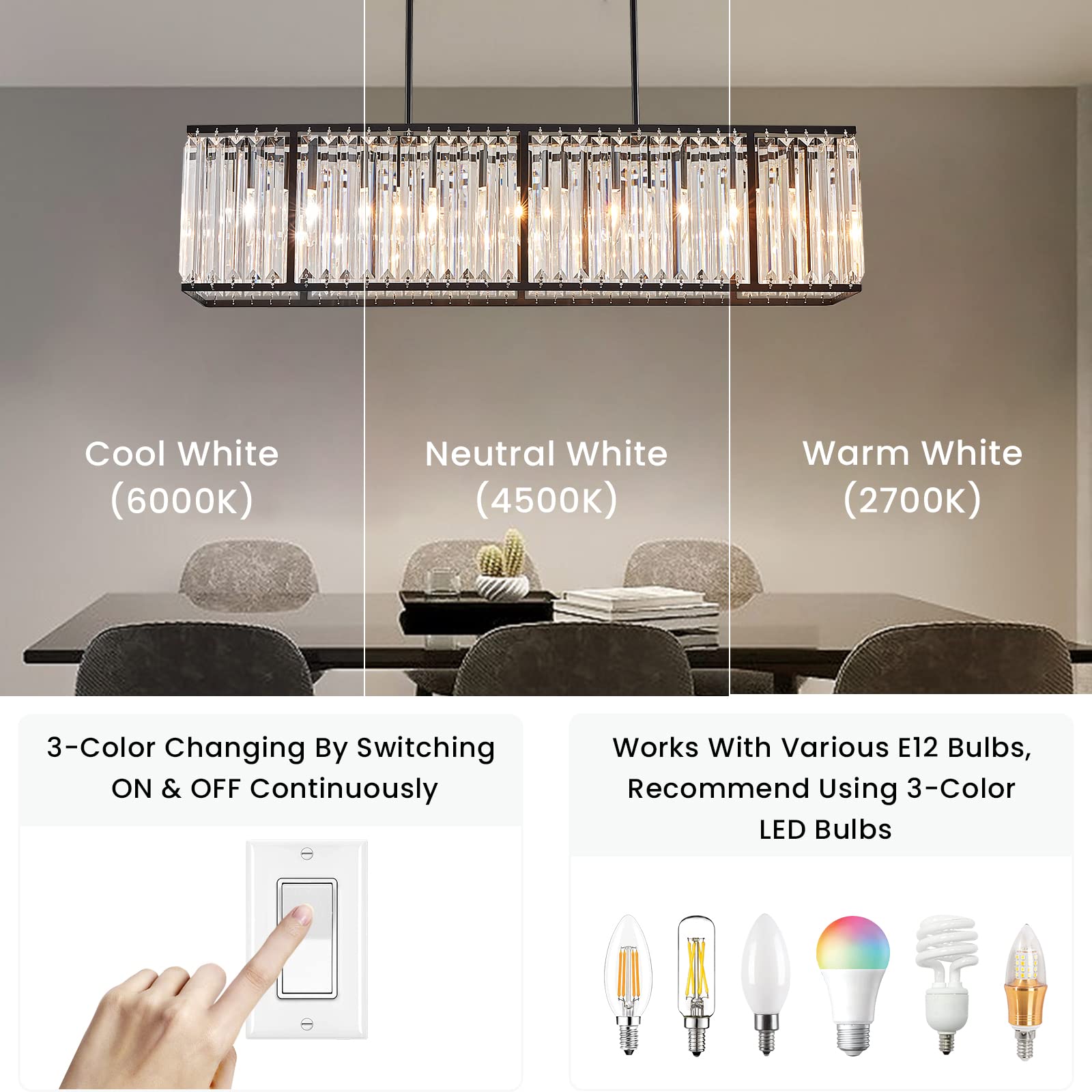 Siljoy Modern Rectangular Crystal Chandelier, 5 Lights, Black Metal, L33.5" Pendant Light for Dining Room, Model YJT6238