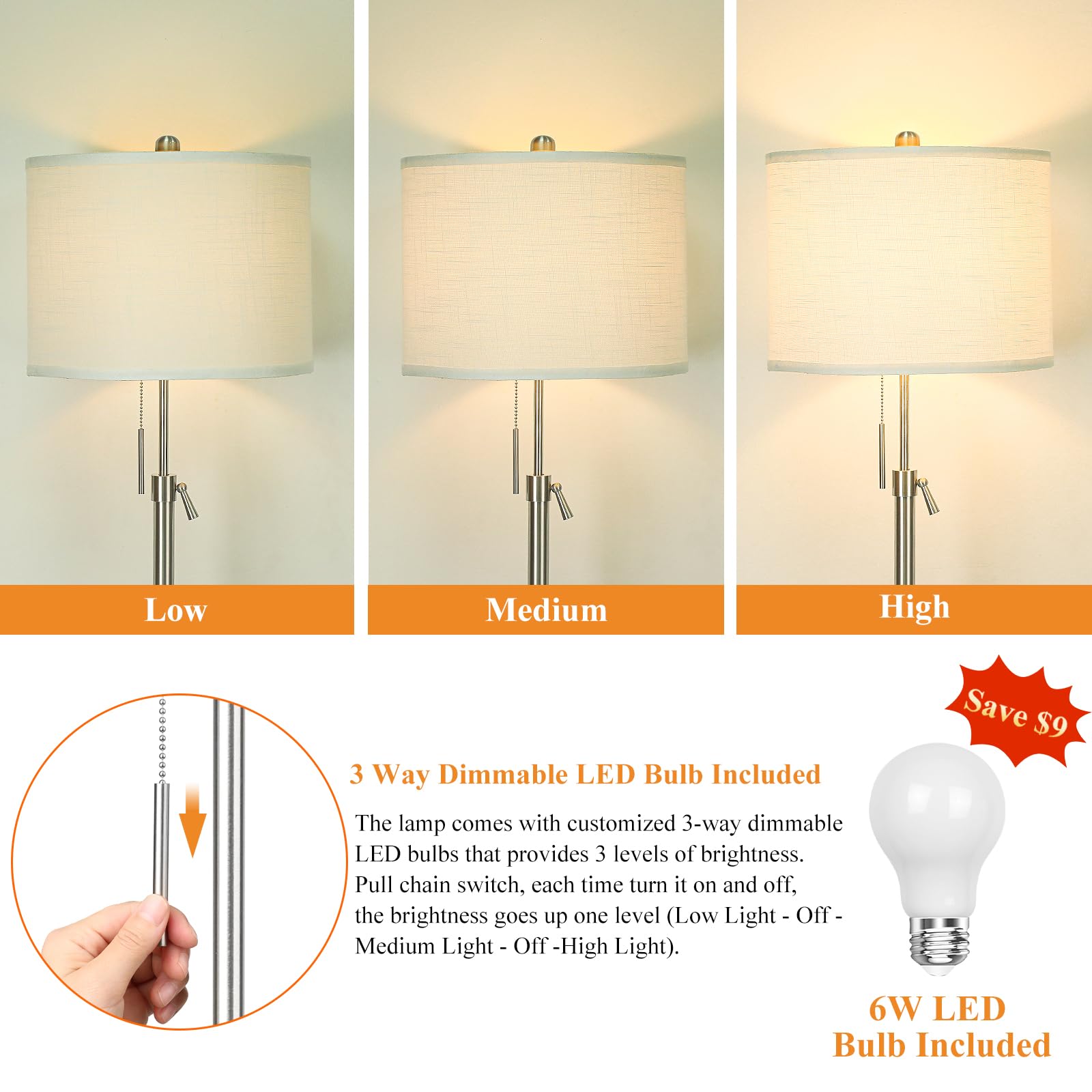 Brushed Nickel Floor Lamp For Living Room, Adjustable Height Standing Lamp With Metal Base, 3-Way Dimmable Tall Pole Light With