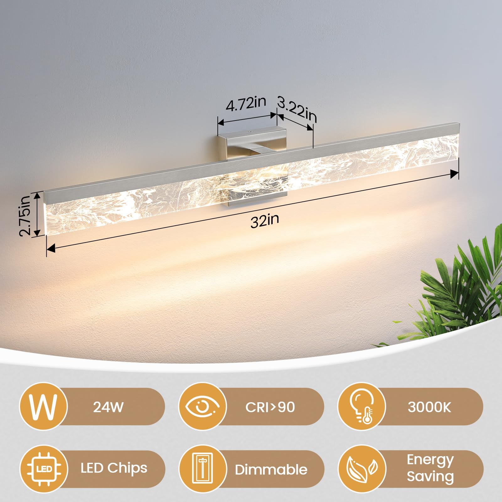 AIJIASI 32 Inch Brushed Nickel Bathroom Vanity Light Fixture, 24W Dimmable LED, Modern Acrylic Over Mirror Lighting, Model 8205WL-32SN-US
