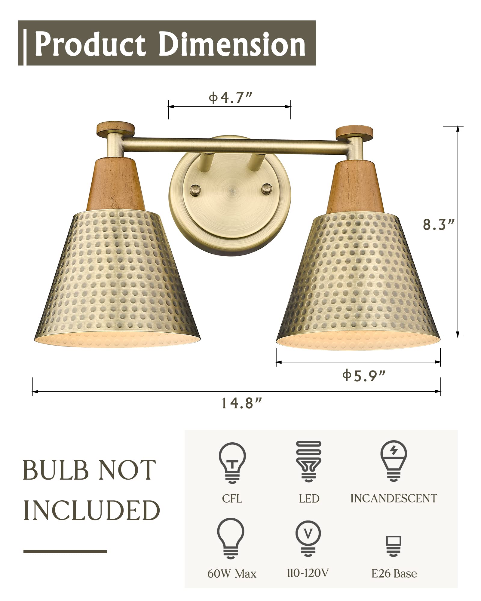 FEMILA 2-Light Bathroom Vanity Lights, Antique Brass Wall Sconces with Hammered Metal Shade
