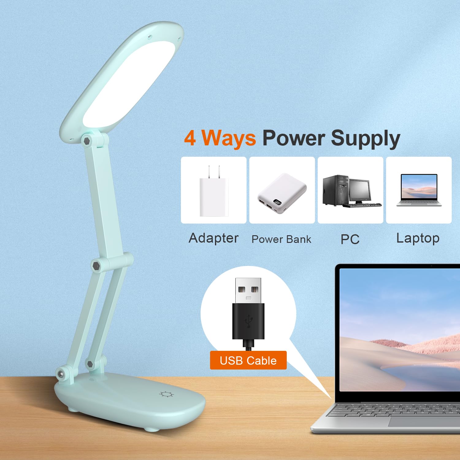 Akejrym Led Desk Lamp For Office Home & Battery Operated Lamp Rechargeable Lamp Foldable & Portable Light, [2-Fold Bracket] 3 Brightness Dimmable Small Desk Lamp Wireless Reading Lamp (Green)