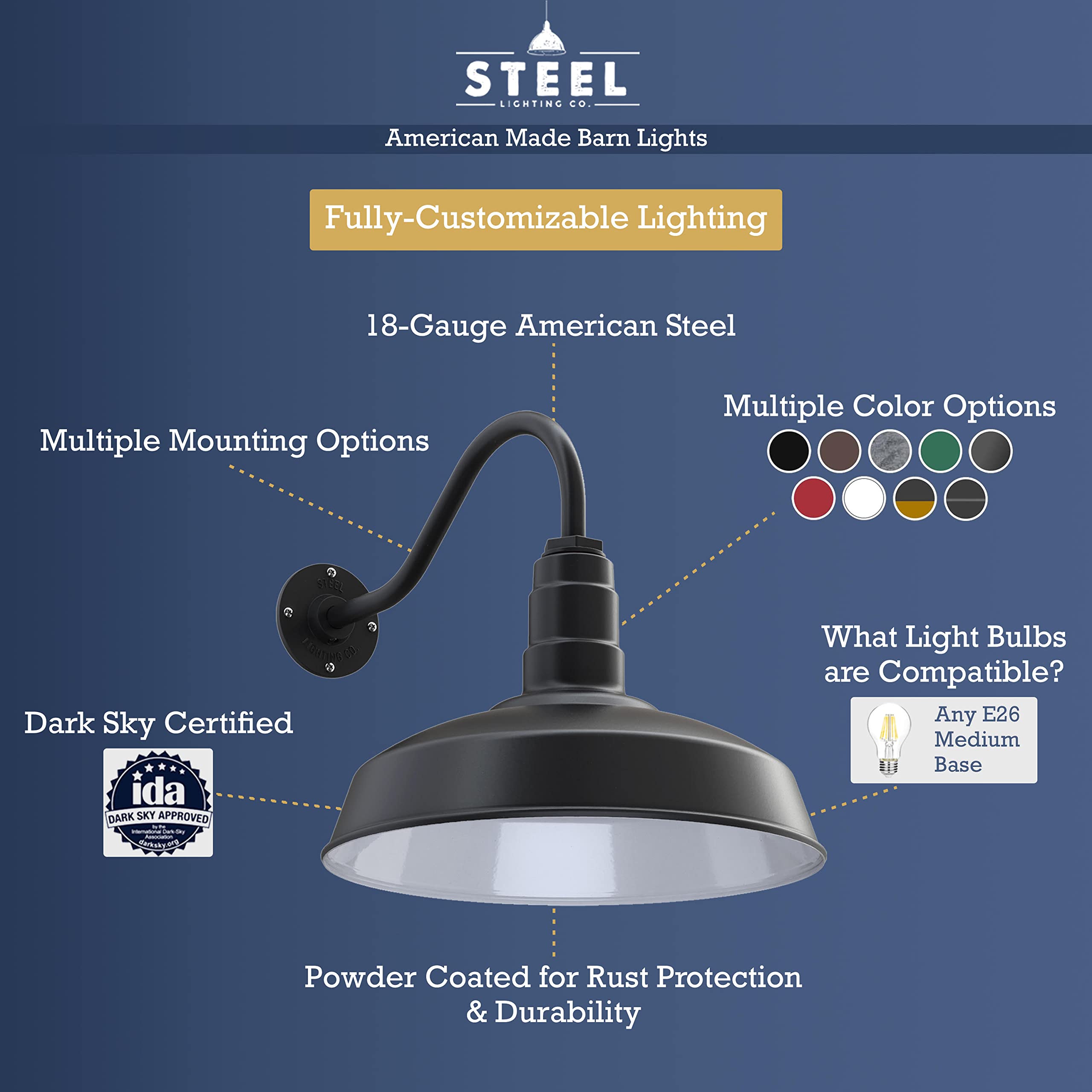 Steel Lighting Co. Gardena Barn Light - 16&quot; Upslope Gooseneck, Dusk To Dawn, Matte Black