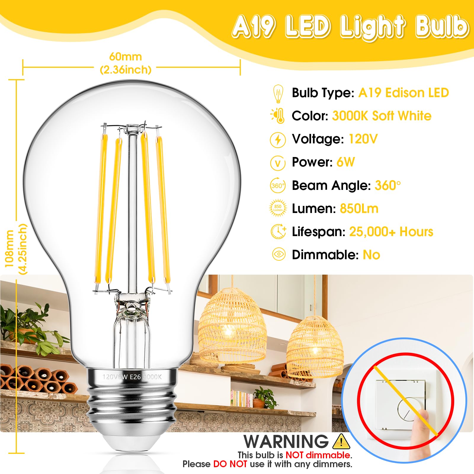 Maxvolador 60W Equivalent E26 Led Filament Light Bulbs, 850Lm Soft White 3000K Led Edison Bulb, Non-Dimmable 6W A19 Led Bulb Medium Base, 4-Pack