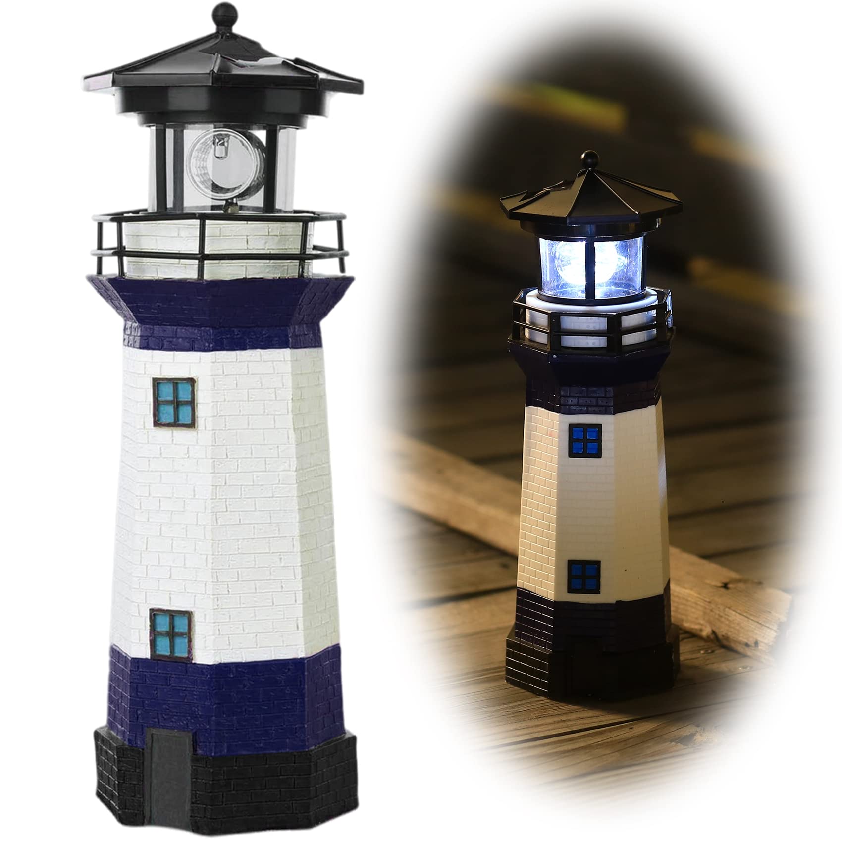HSHD Lighthouse with Rotating Beacon LED Lights - Solar Lighthouse Lamp Outdoor Decorative for Garden Patio Well Cover Gifts(Blu