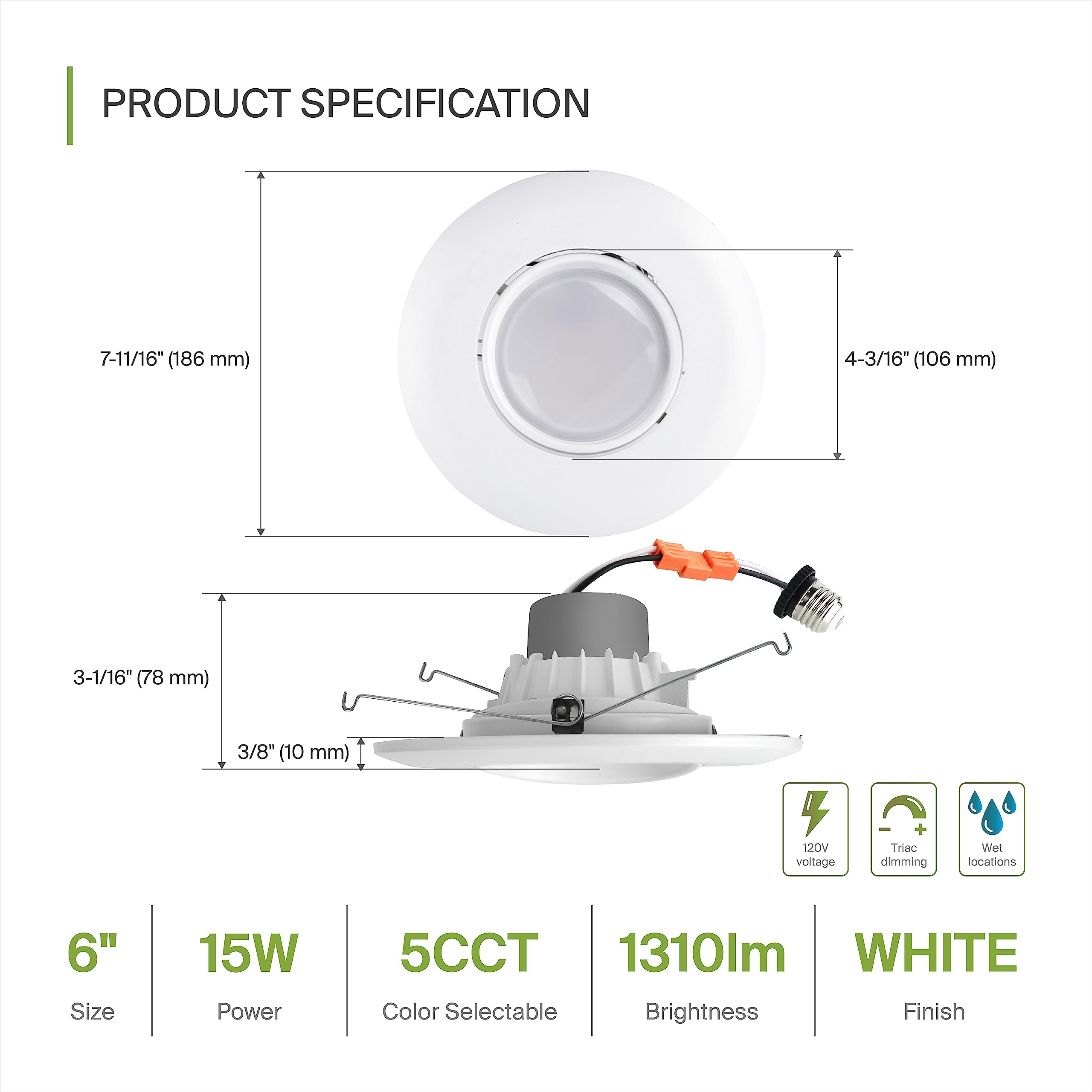 ASD 6 Inch Gimbal LED Recessed Light, 15W 1310LM, Dimmable, White Trim, Aluminum, 12 Pack