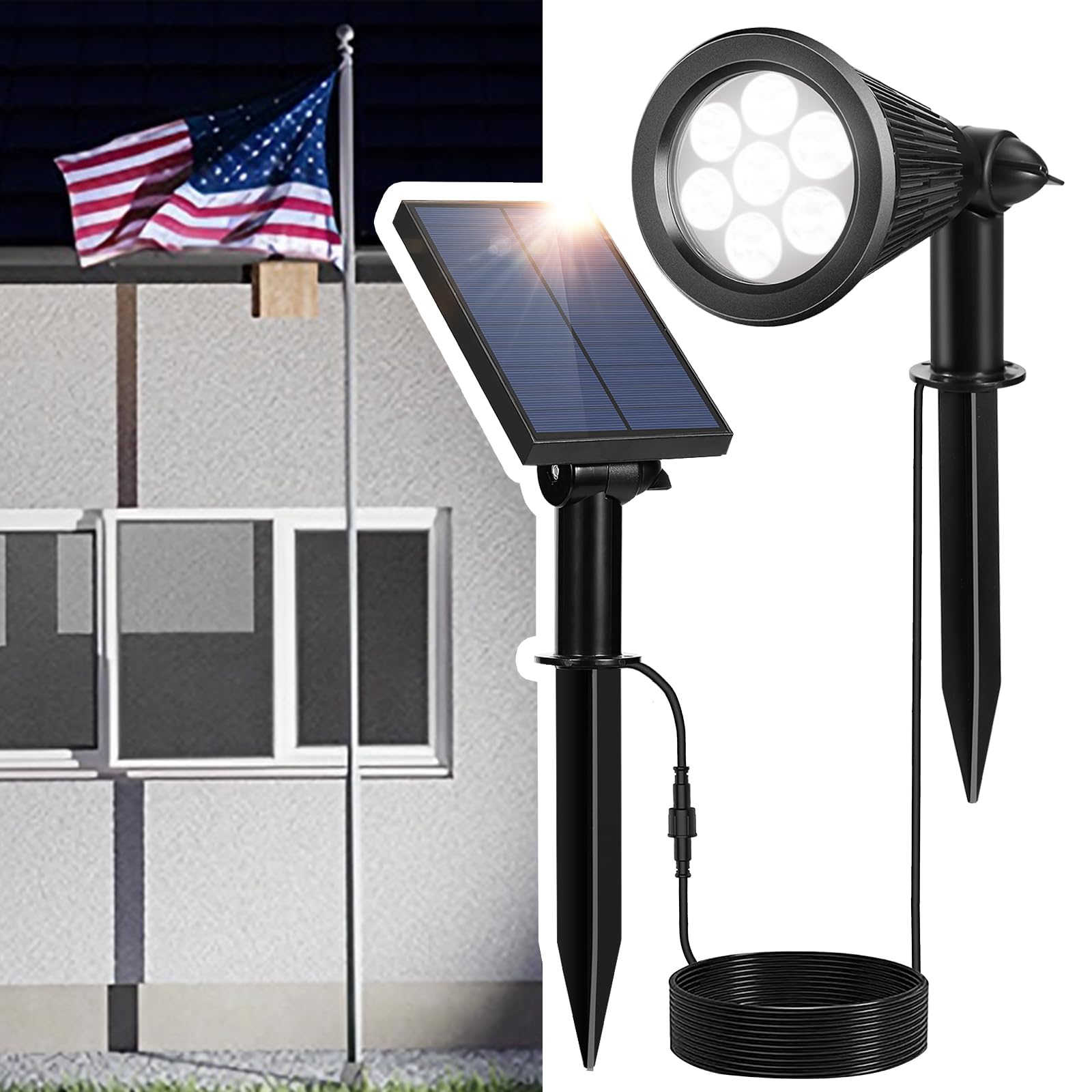 Solar Spotlights Outdoor for Flag Pole, Bright 7-LED Solar Spot Lights with Separate Panel Waterproof, Dusk-to-Dawn Flagpole Lig