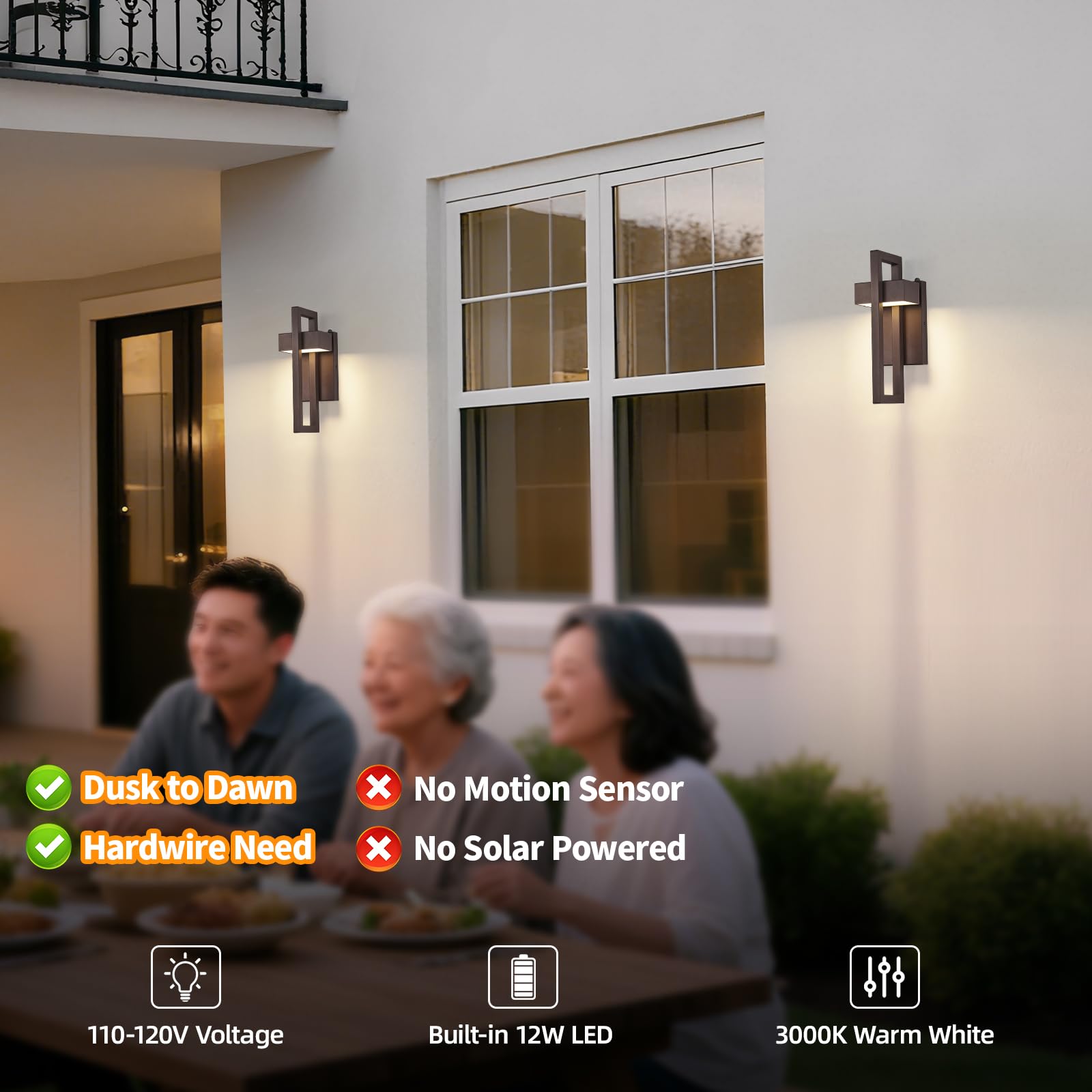 tewei LED Outdoor Wall Sconce, Dusk to Dawn, Metal, Warm White 3000K, Brown, 2 Pack