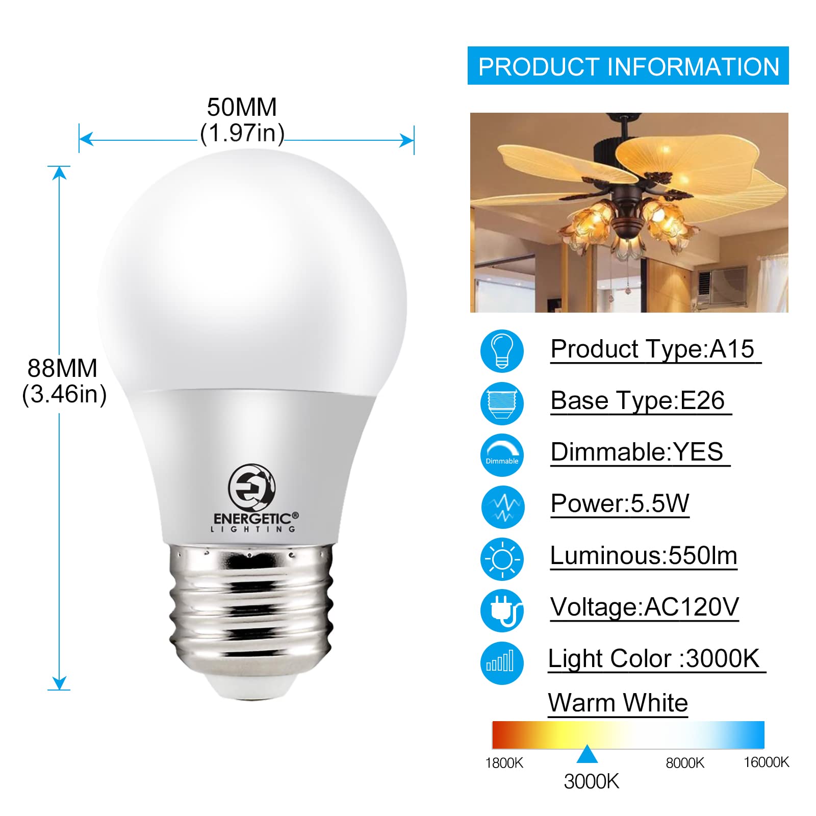 Energetic Smarter Lighting Led Refrigerator Bulb 40 Watt Equivalent, 3000K Warm White, Dimmable A15 Ceiling Fan Light Bulbs, E26 Base, Ul Listed, 6 Pack