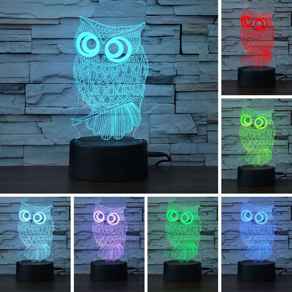 I-Chony Owl 3D Illusion Lamp - 7 Color Touch Table Night Light For Kids, Acrylic, Model Ch-26653, Perfect Gift For Boys And Girls