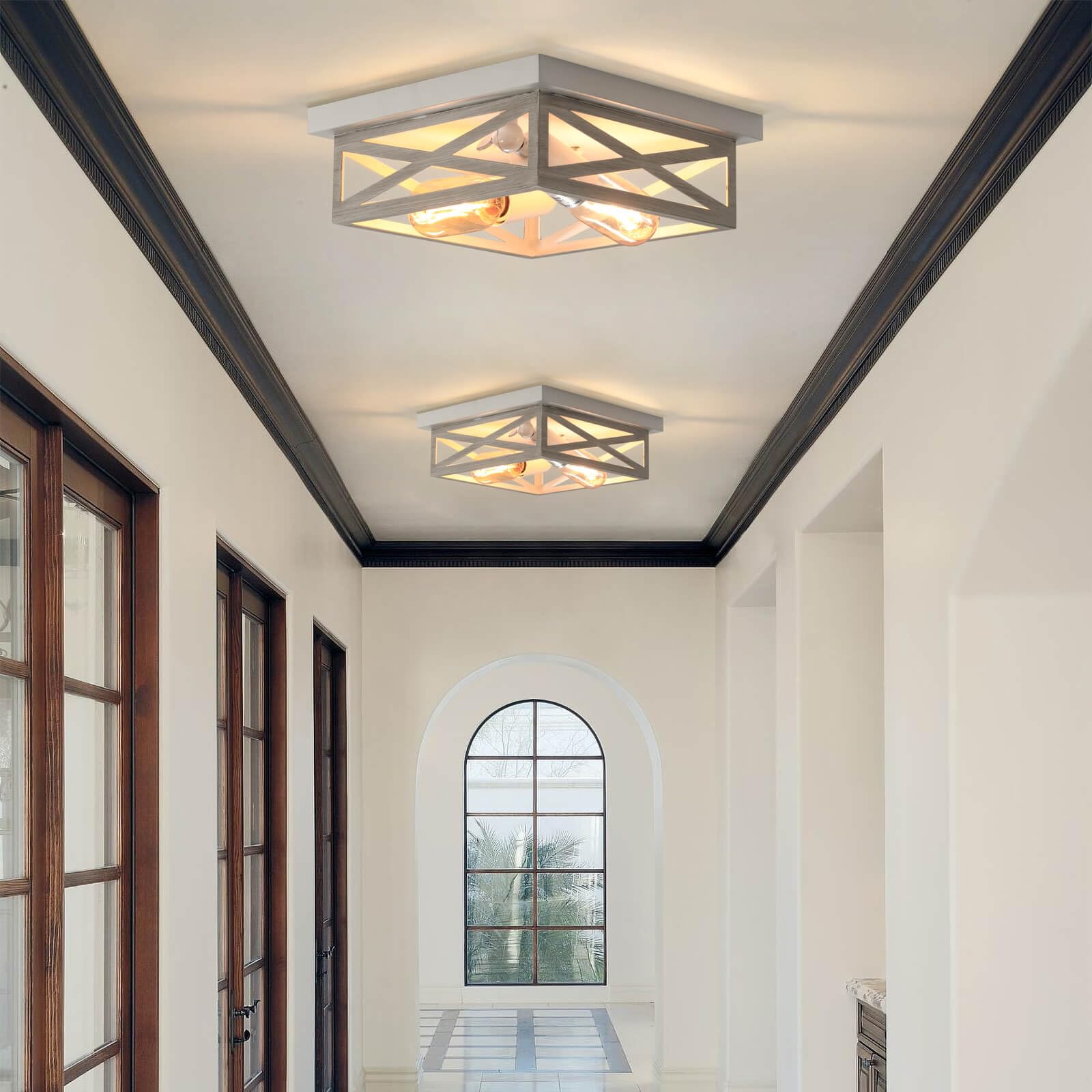 Dikaida White Farmhouse Ceiling Light Fixtures, Industrial Kitchen Ceiling Light Fixture For Bedroom, 2-Light Rustic Metal Finis