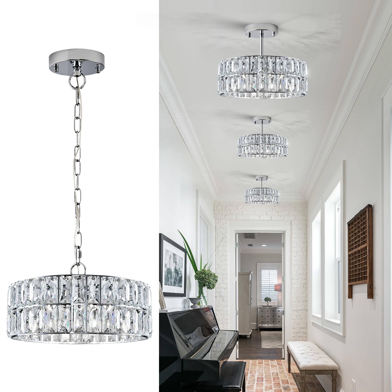 Catiner Chrome Crystal Chandeliers, Modern Semi Flush Mount Ceiling Light, Small 4-Ligh Round Crystal Hanging Pendant Light Fixtures,D12” For Dining Room Entryway Kitchen Hallway