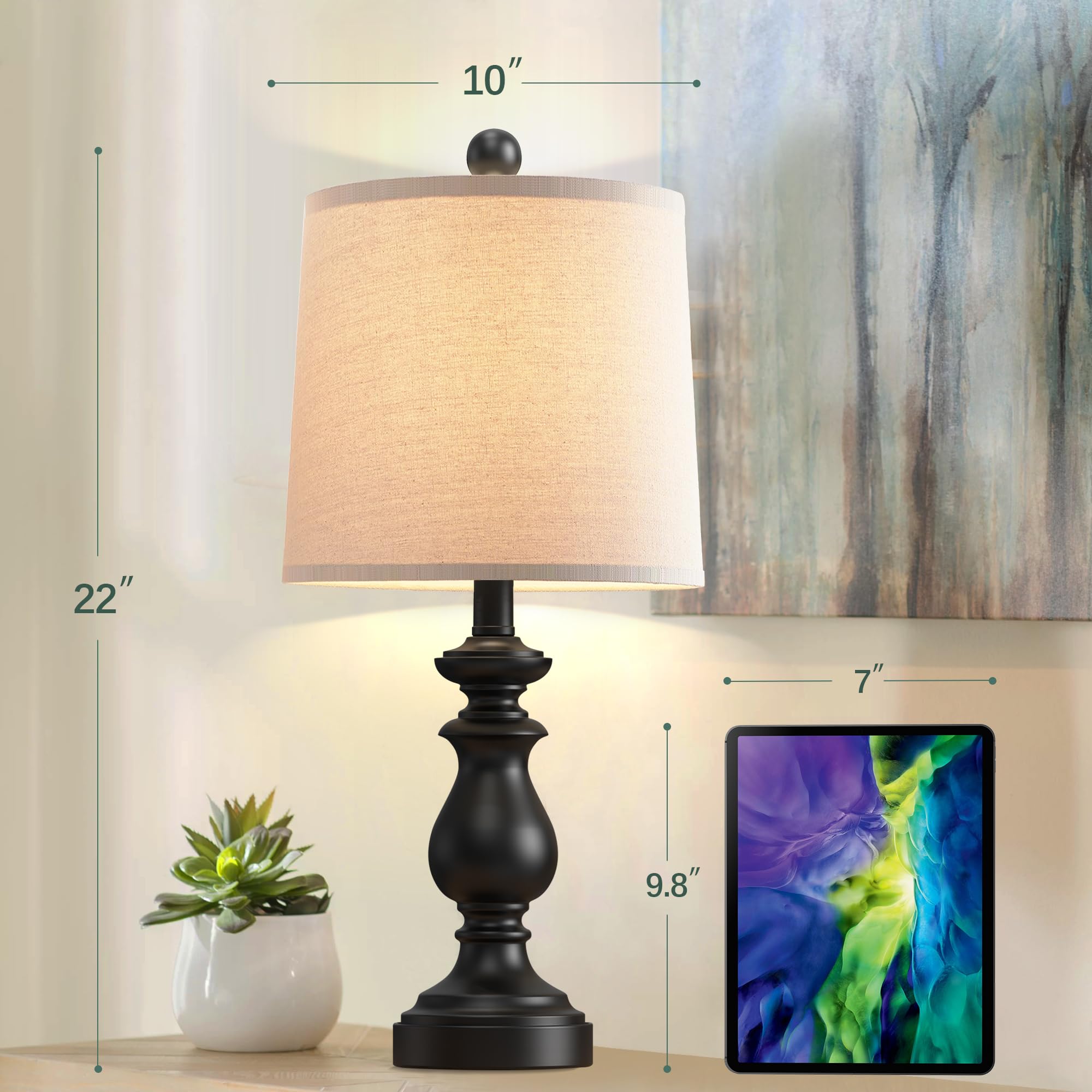 PARTPHONER Traditional Table Lamp Set of 2, 22in Rustic Black Resin Lamps with Linen Shades