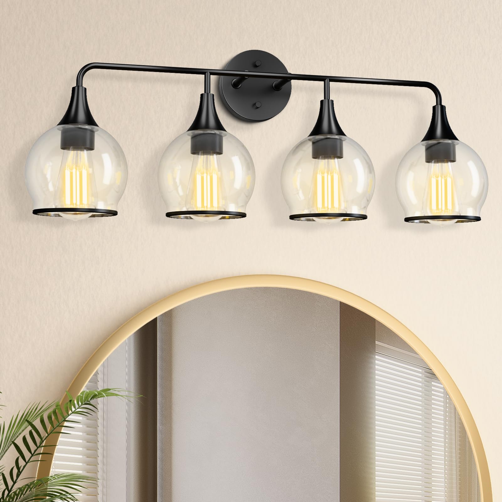 Lightania Bathroom Light Fixtures, 4-Light Vanity Lights with Clear Globe Glass Shade, Modern Black Bathroom Vanity Light, Bathr