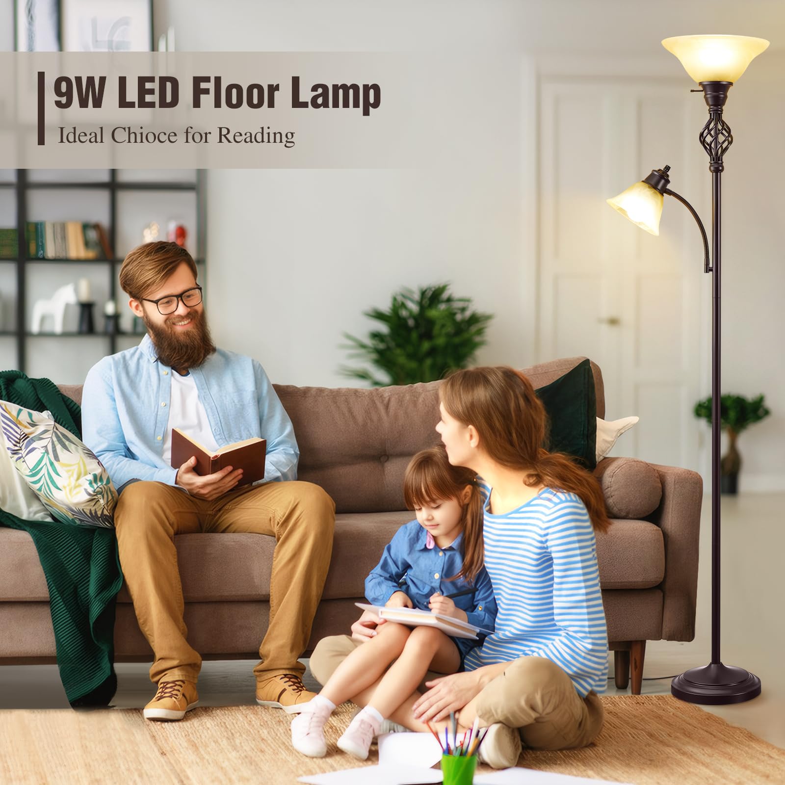 GyroVu Torchiere Floor Lamp - LED Reading Light with Glass Shade, 2 Heads, Yellow Lampshade, Model 5508