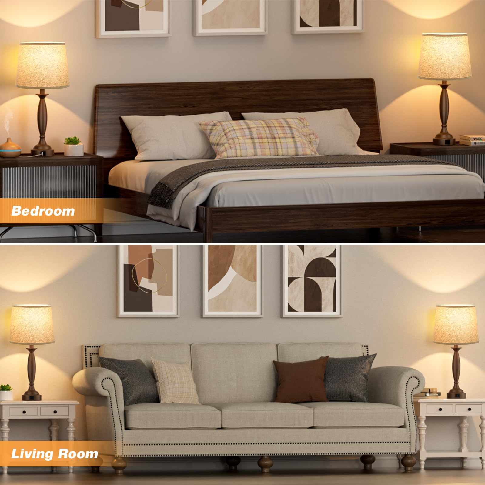 Beige Brown Lamps For Bedrooms Set Of 2 - Touch Control Bedside Lamp With Usb C+A, 3 Way Dimmable Nightstand Lamps With Usb Port