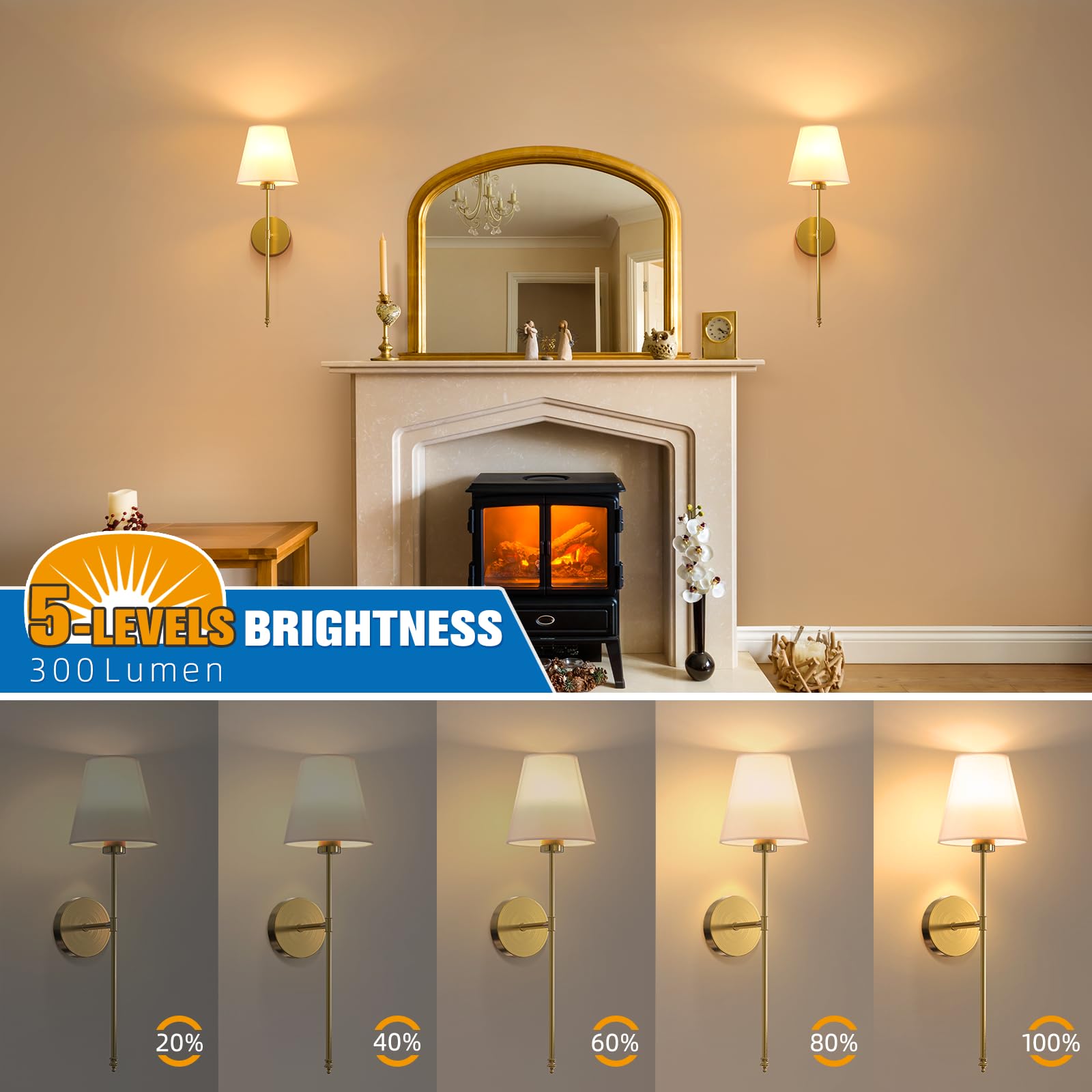 NIORSUN Gold Battery Operated Wall Sconce Set of 2, 24 inch Metal Lights with Dimmable Bulbs, Remote, 10 Colors, Model SW013