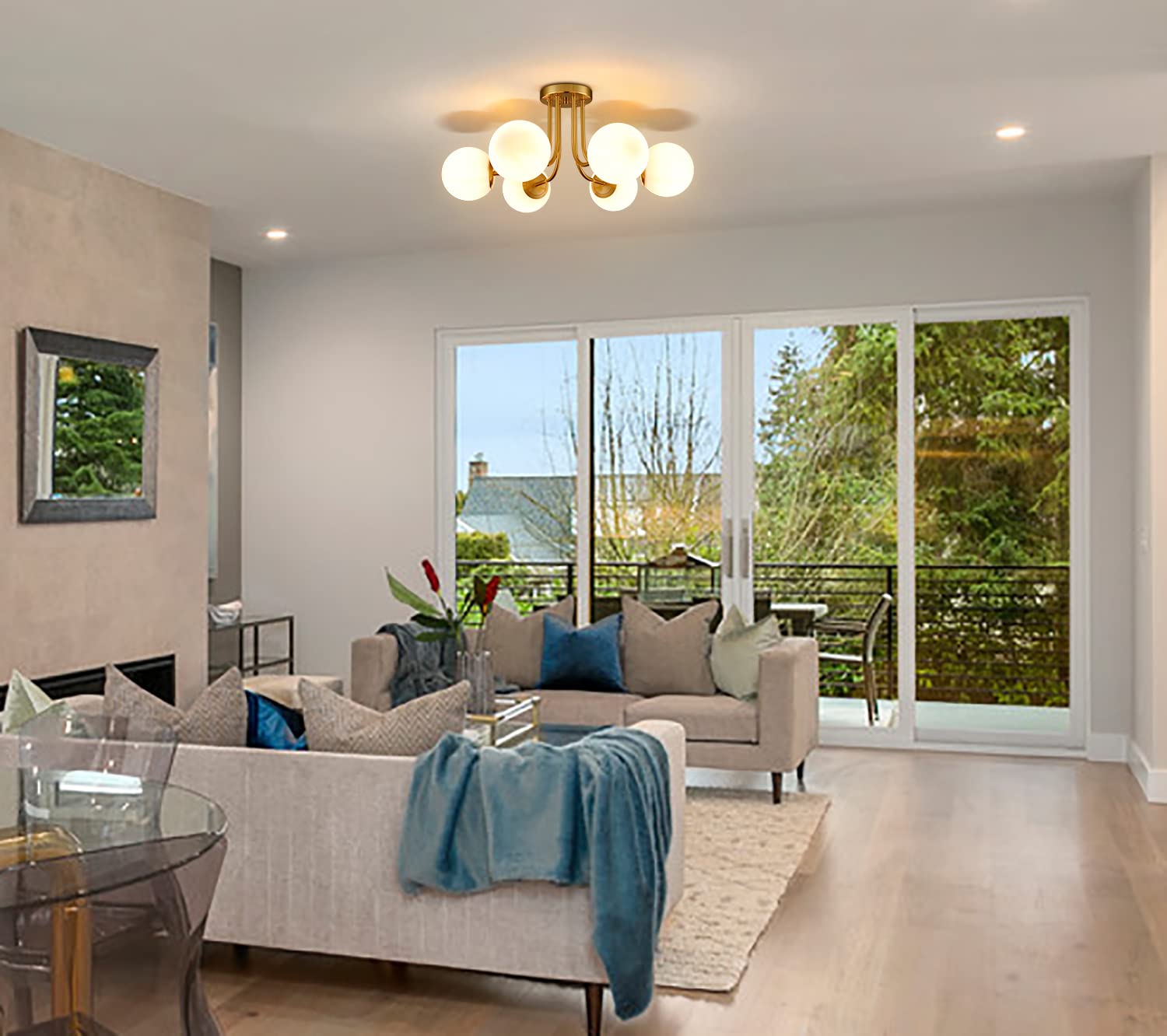 Shawnkey 6-Light Modern Brass Gold Semi Flush Mount Ceiling Light With White Glass Shade