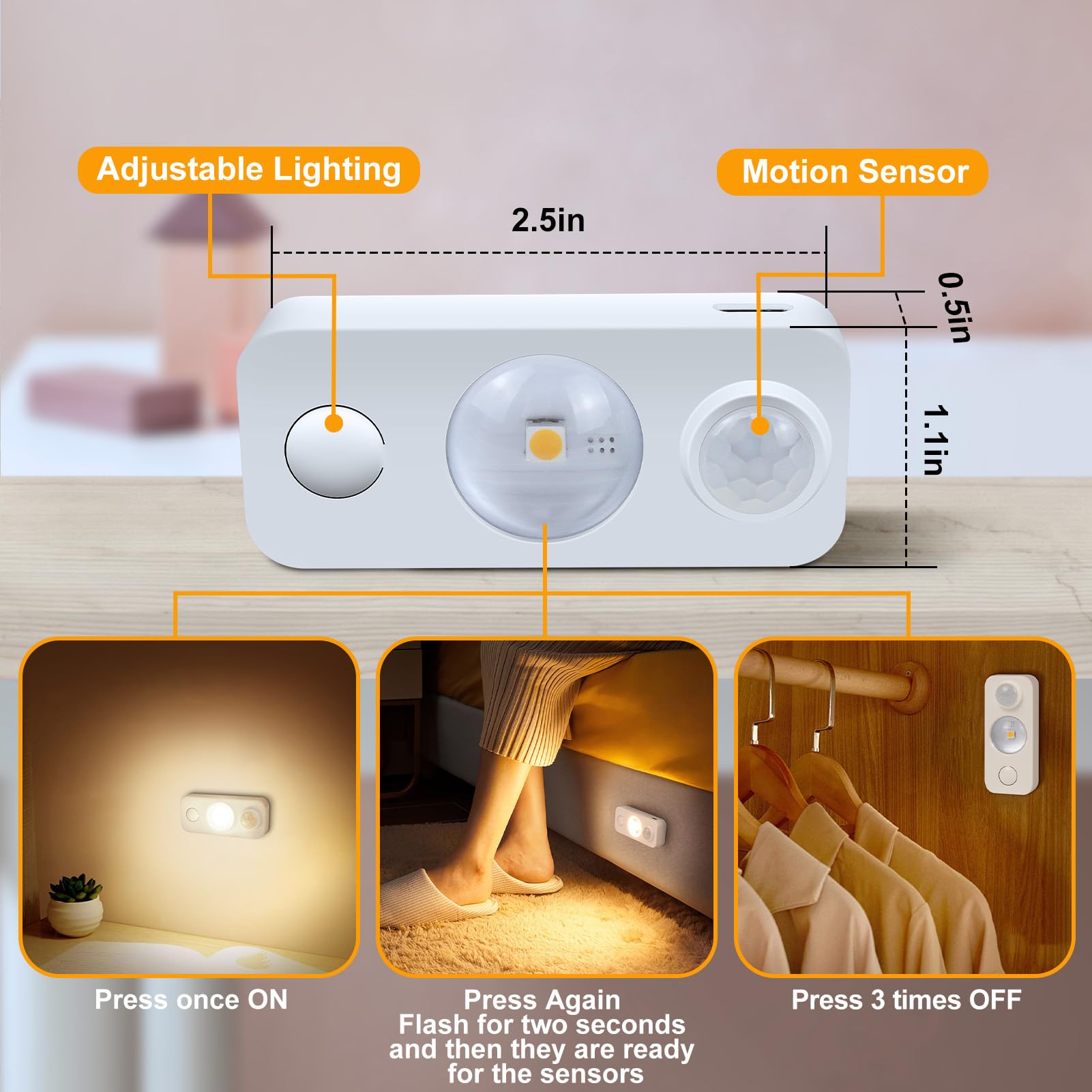 NIEGNOWOO LED Motion Sensor Puck Lights, Warm White, 8 Pack, Rechargeable, PVC Material, USB Charging Cord Included