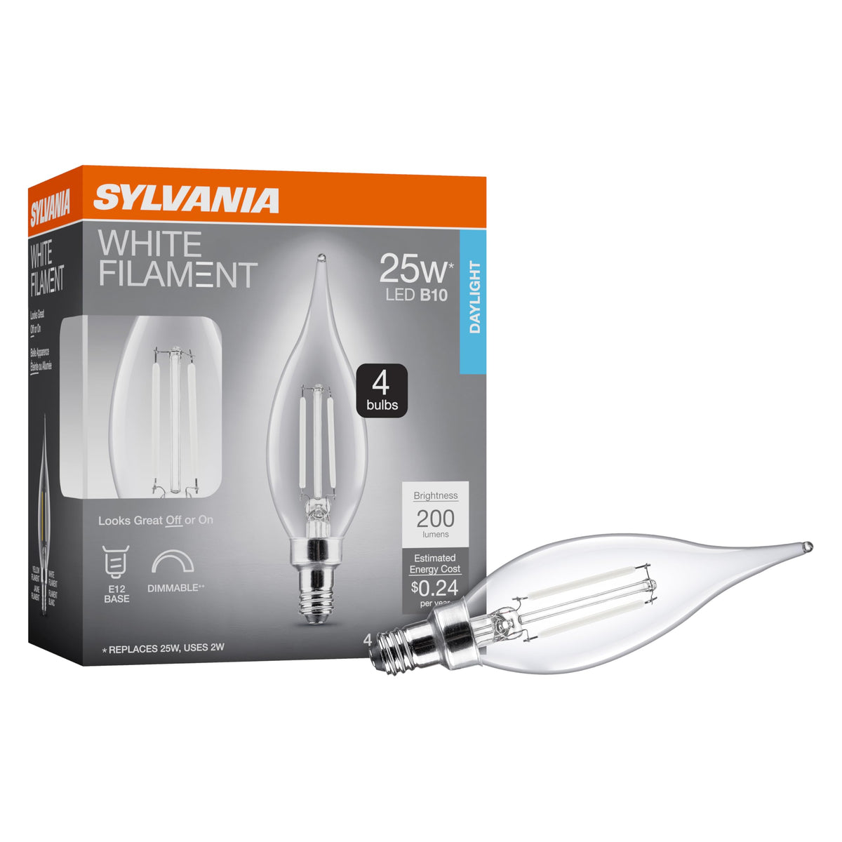 Sylvania B10 Clear Led White Filament Bulb, 2W, Dimmable, 200 Lms, Candelabra Base, 5000K, Daylight - 4 Pack (42264)