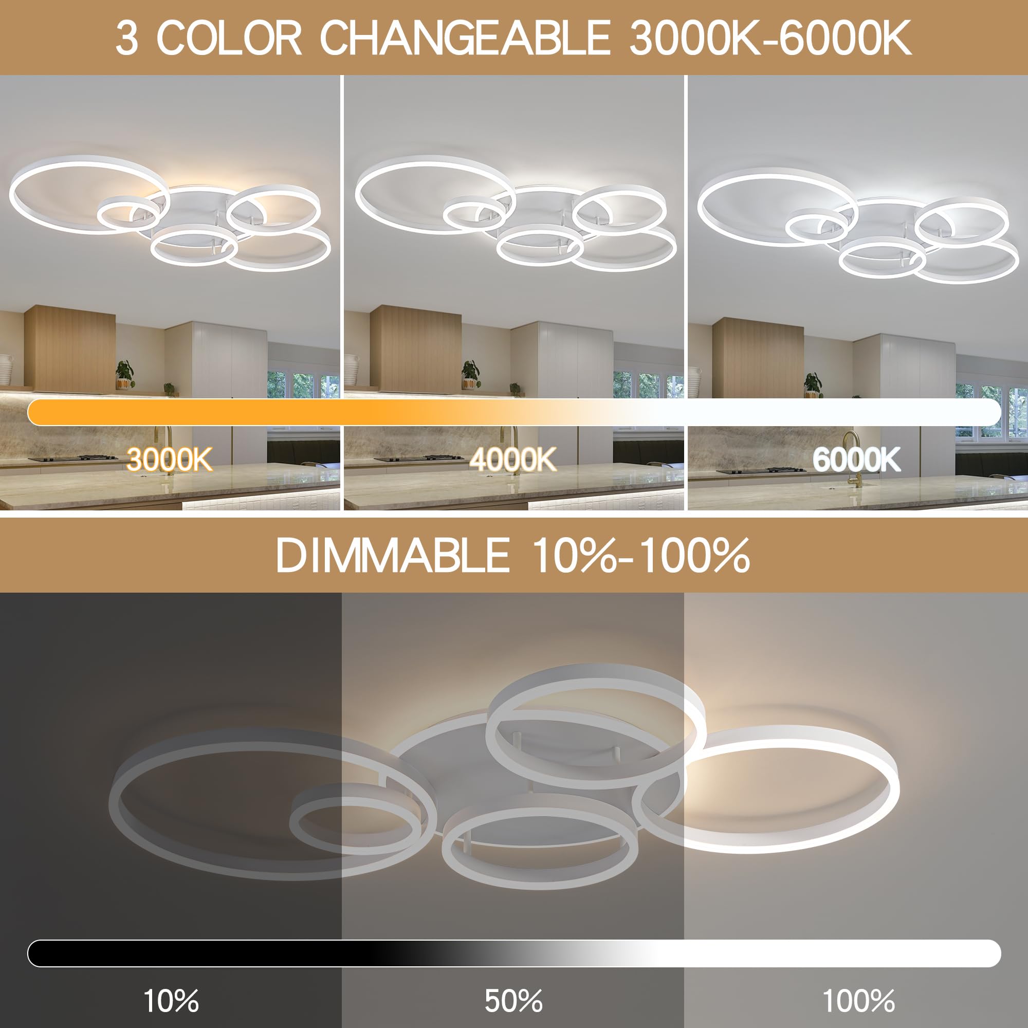 ONeeldy Modern Led Ceiling Light White Flush Mount Ceiling Lights Fixtures Dimmable 47 Dining Room Light Fixture With Remote 6 Rings Kitchen Lighting Fixtures Ceiling Lamp For Bedroom Living Room