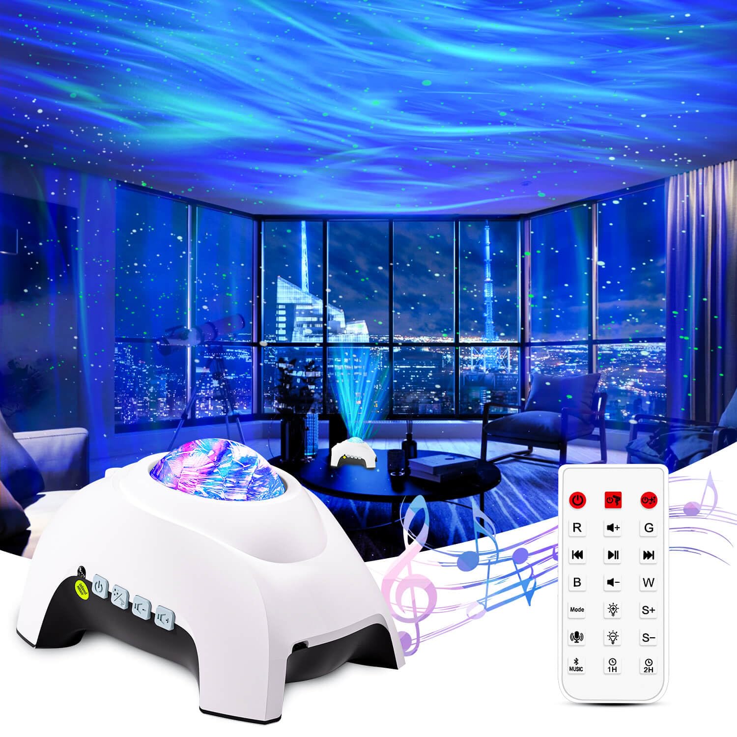 CIMELR Star Projector, Northern Galaxy Aurora Lights Projector with 33 Light Effects Bluetooth Speaker & White Noise, Remote Con